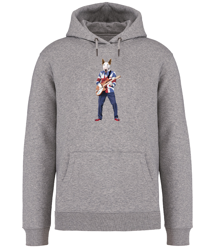 Grey Hoodie printed with an English Bull Terrier Dog wearing a Union Jack jacket playing a guitar