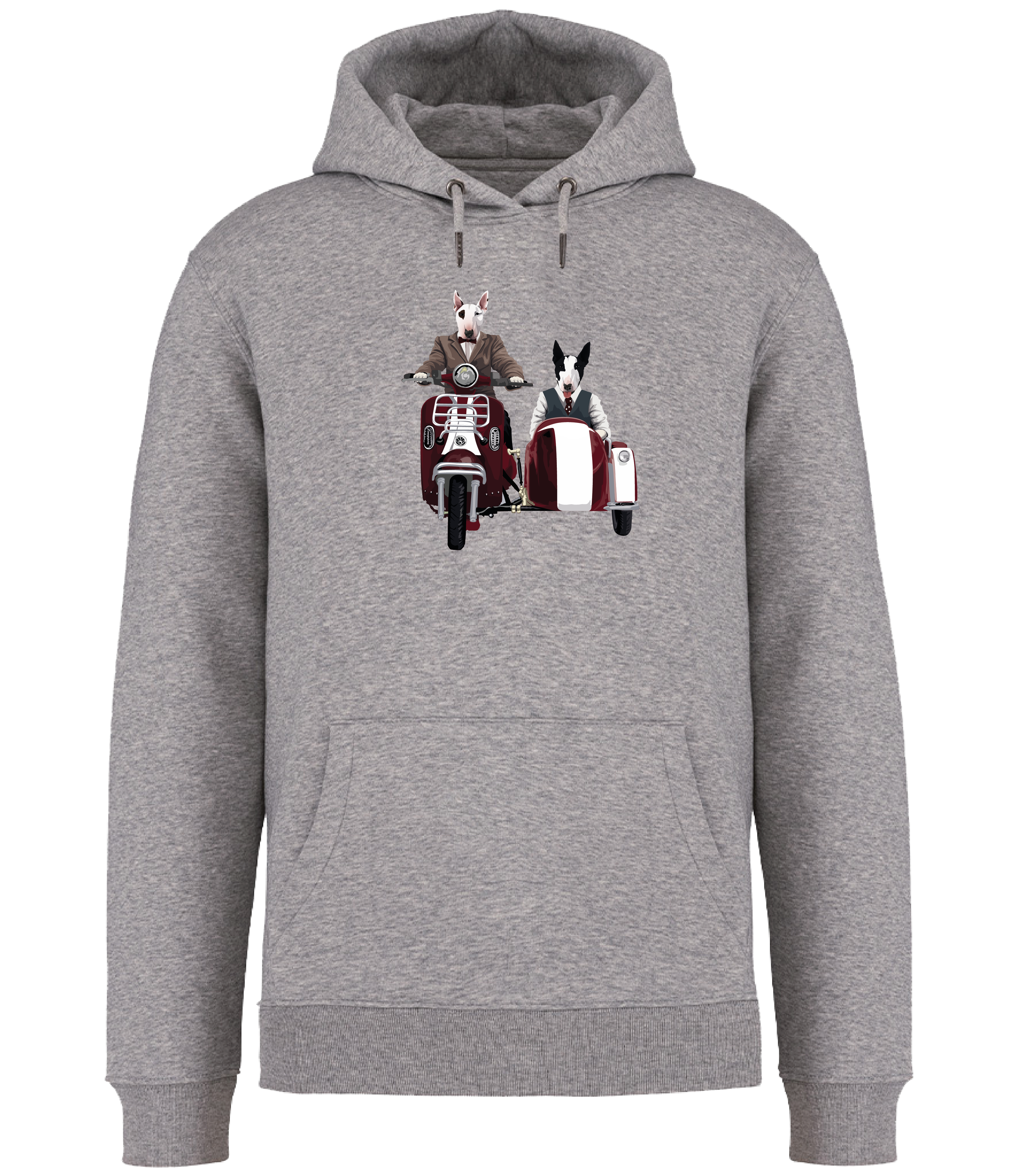 Grey Hoodie printed with an English Bull Terrier riding a Motorcycle and side car and another English Bull Terrier riding in the sidecar 