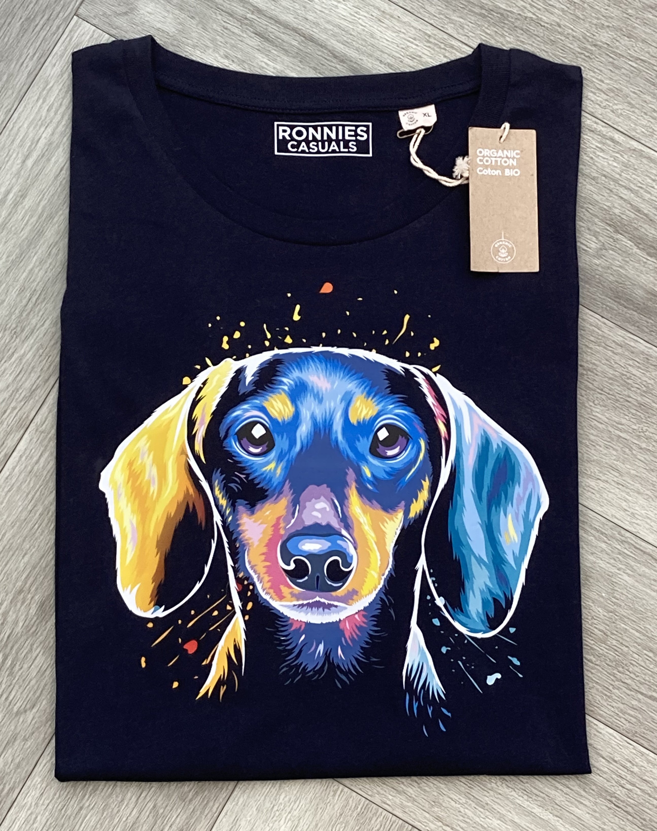 Ronnies Casuals Colour Splash Dachshund T-shirt in dark blue. S, M, L, XL, 2XL, and 3XL