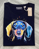 Ronnies Casuals Colour Splash Dachshund T-shirt in dark blue. S, M, L, XL, 2XL, and 3XL