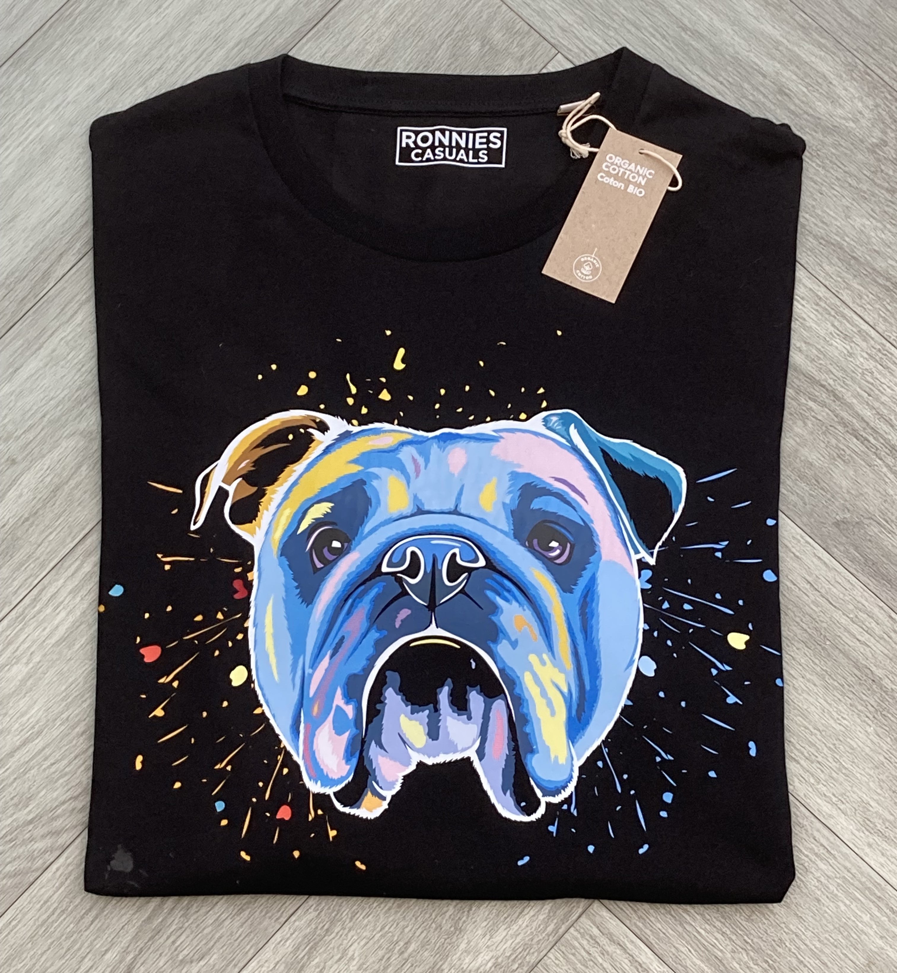 Ronnies Casuals Colour Splash British Bulldog Dog T-Shirt in Black. Available in S, M, L, XL, 2XL, 3XL.