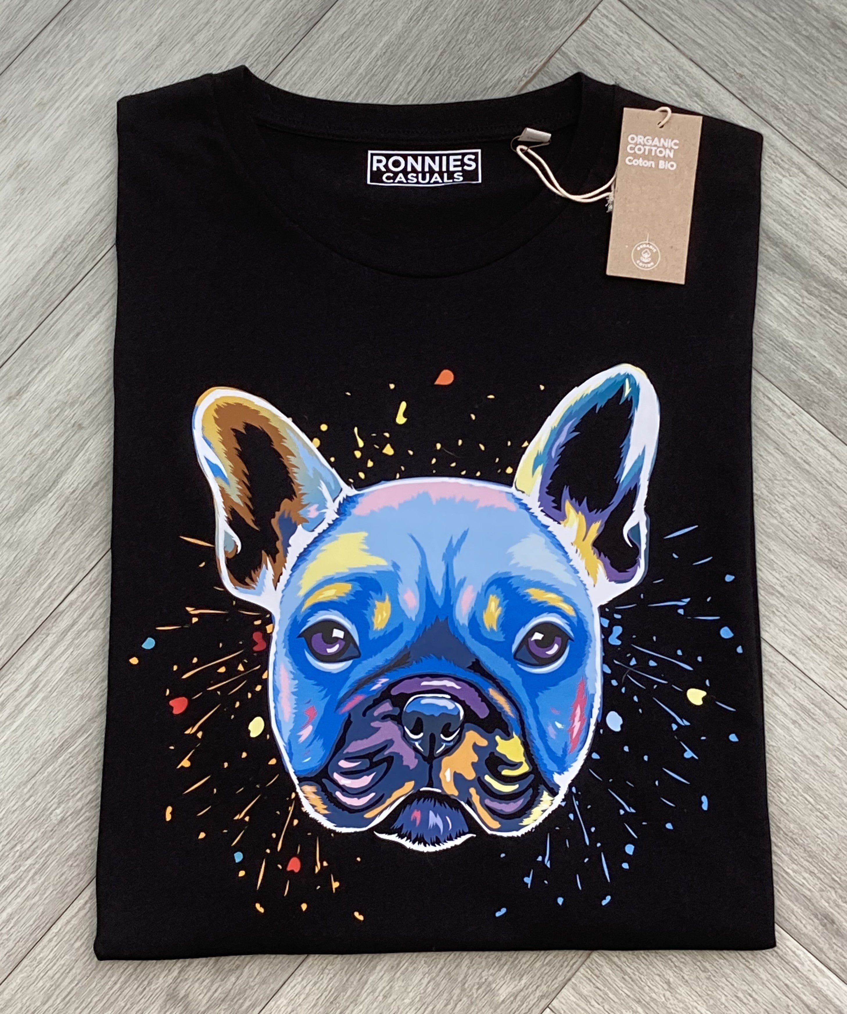 Ronnies Casuals Colour Splash French Bulldog T-Shirt in Black. Available in S, M, L, XL, 2XL, and 3XL.
