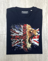 Ronnies Casuals Lions Heart design Navy t-shirt. The iconic Great British flag alongside a fierce, roaring lion’s face in S, M, L, XL, XXL and XXXL. 