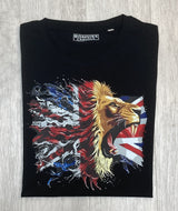 Ronnies Casuals Lions Heart design Black t-shirt. The iconic Great British flag alongside a fierce, roaring lion’s face in S, M, L, XL, XXL and XXXL. 