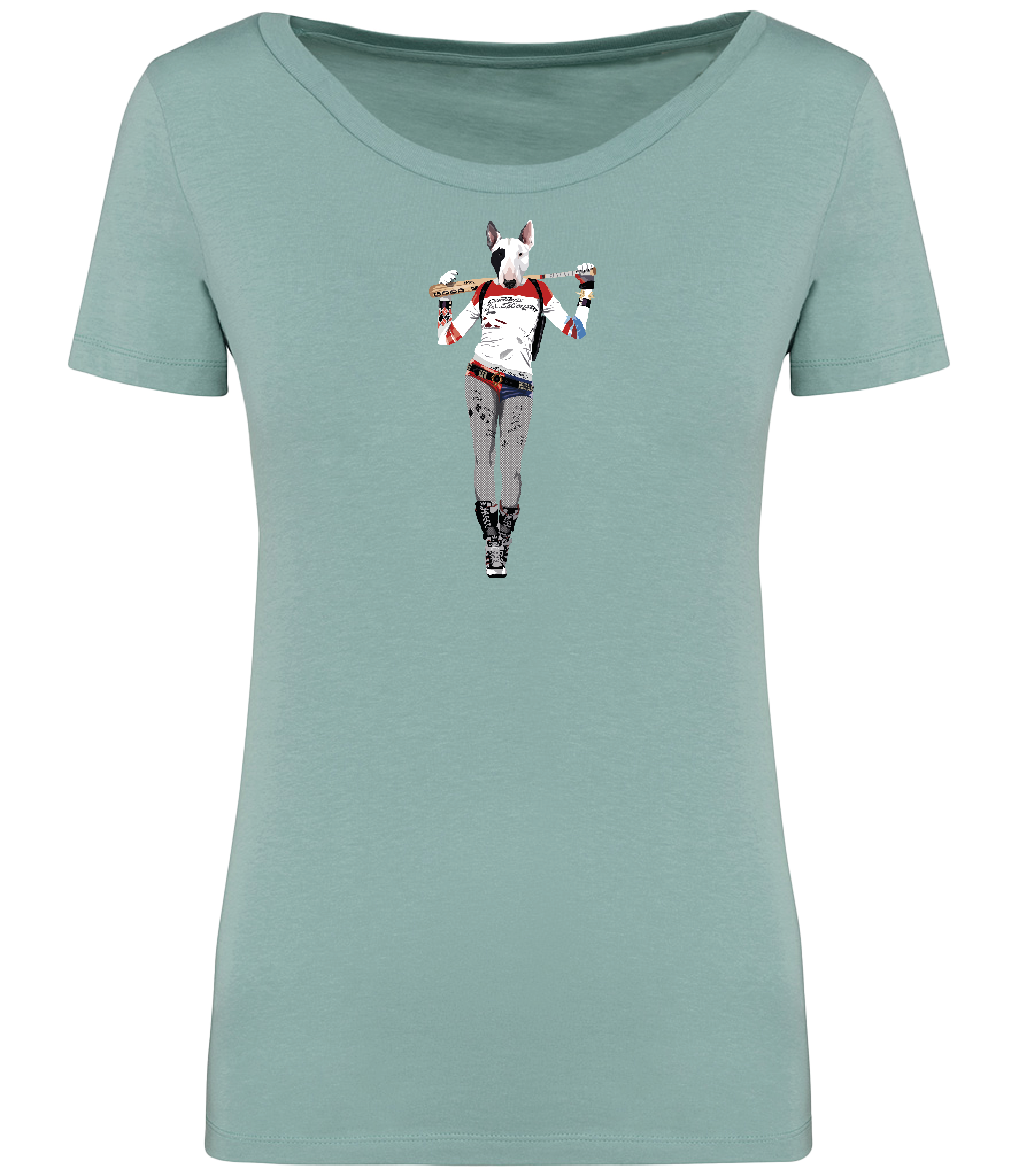 Jade Green Ladies T-shirt printed with and English Bull Terrier Dog dressed as the Harley Quinn character