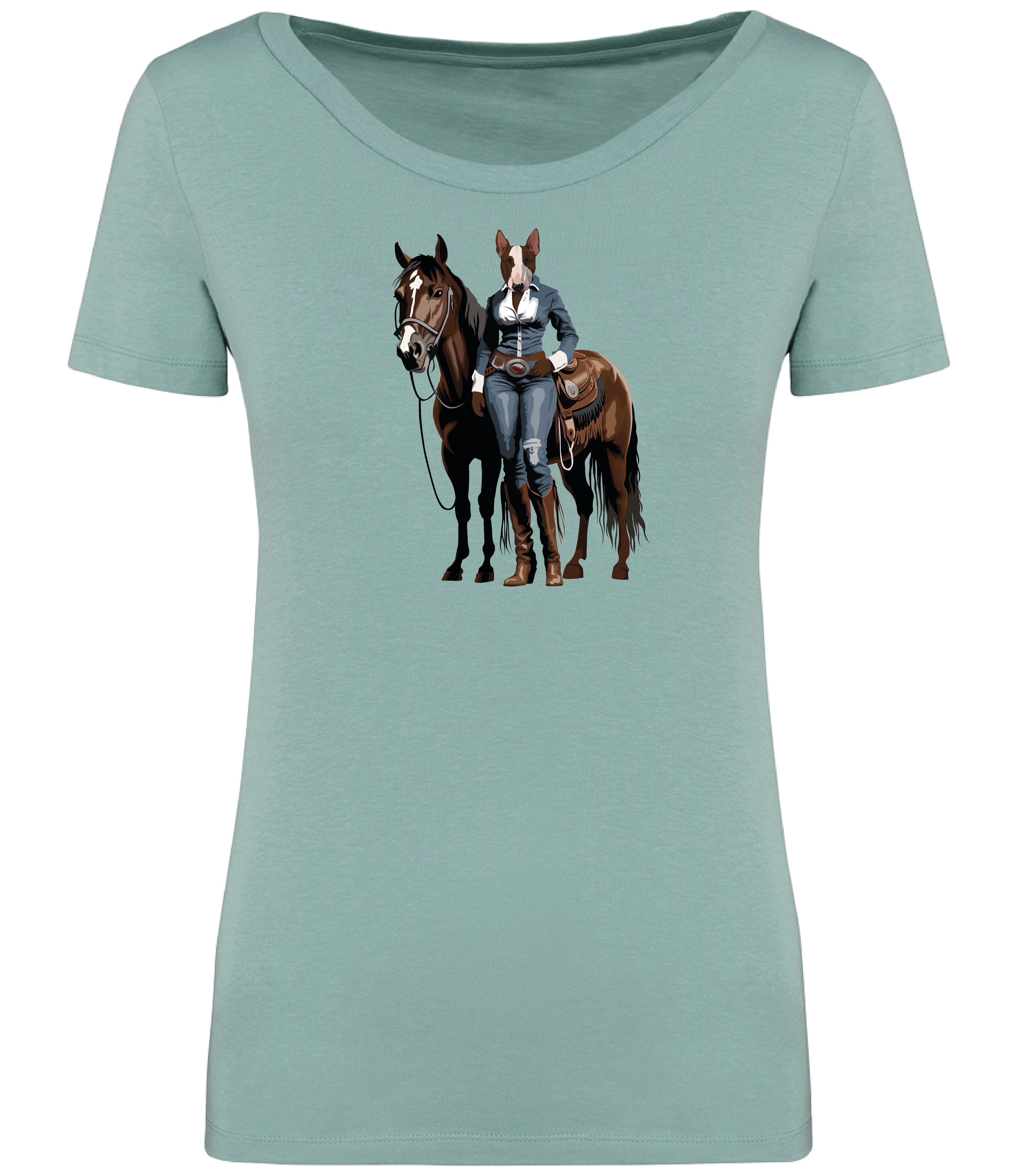 Jade Green T-shirt printed with and English Bull Terrier Dog dressed in denim western clothing with a horse in western style