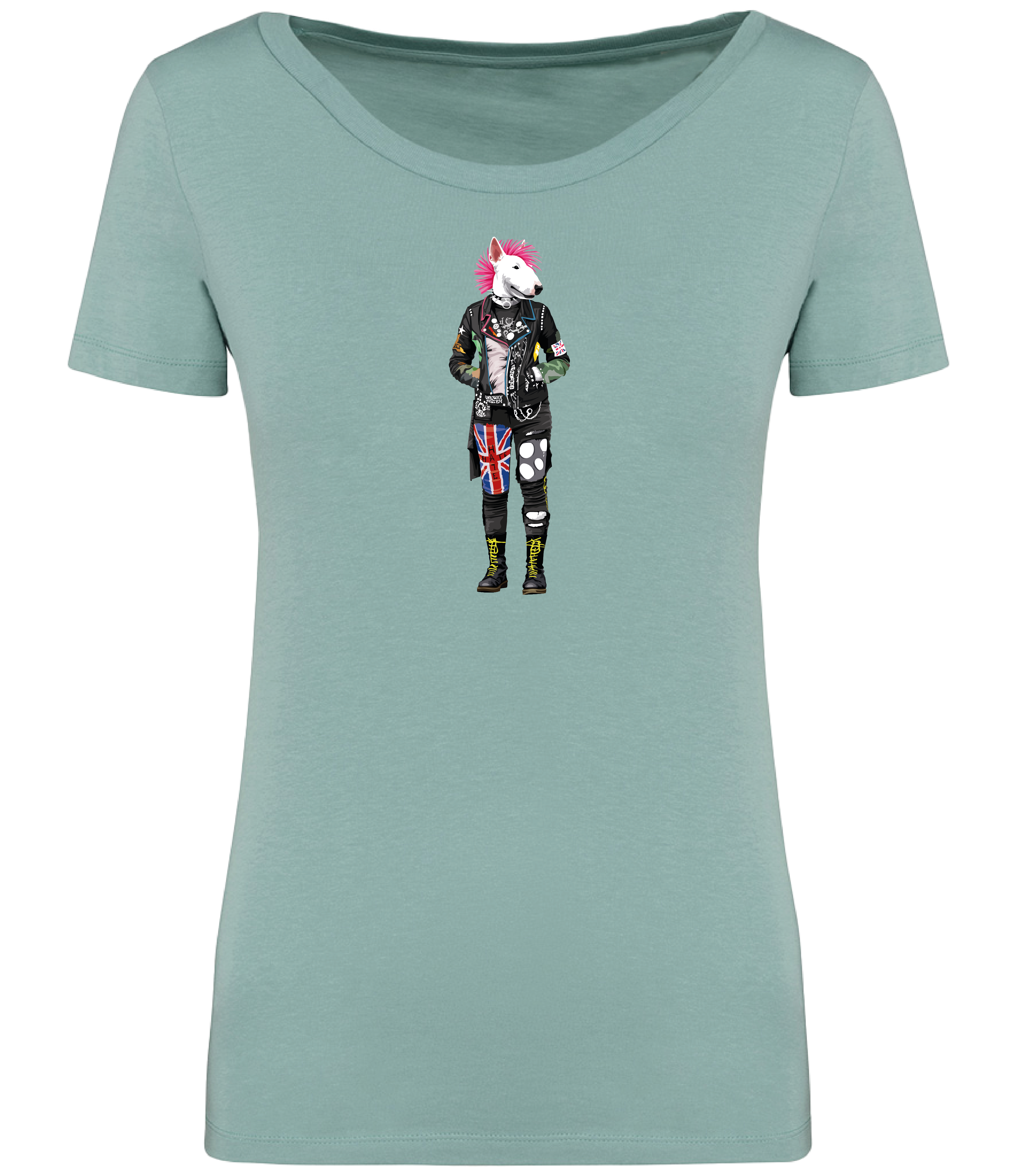 Jade Green T-shirt printed with an English Bull Terrier Dog dressed in punk style clothing and a pink mohawk