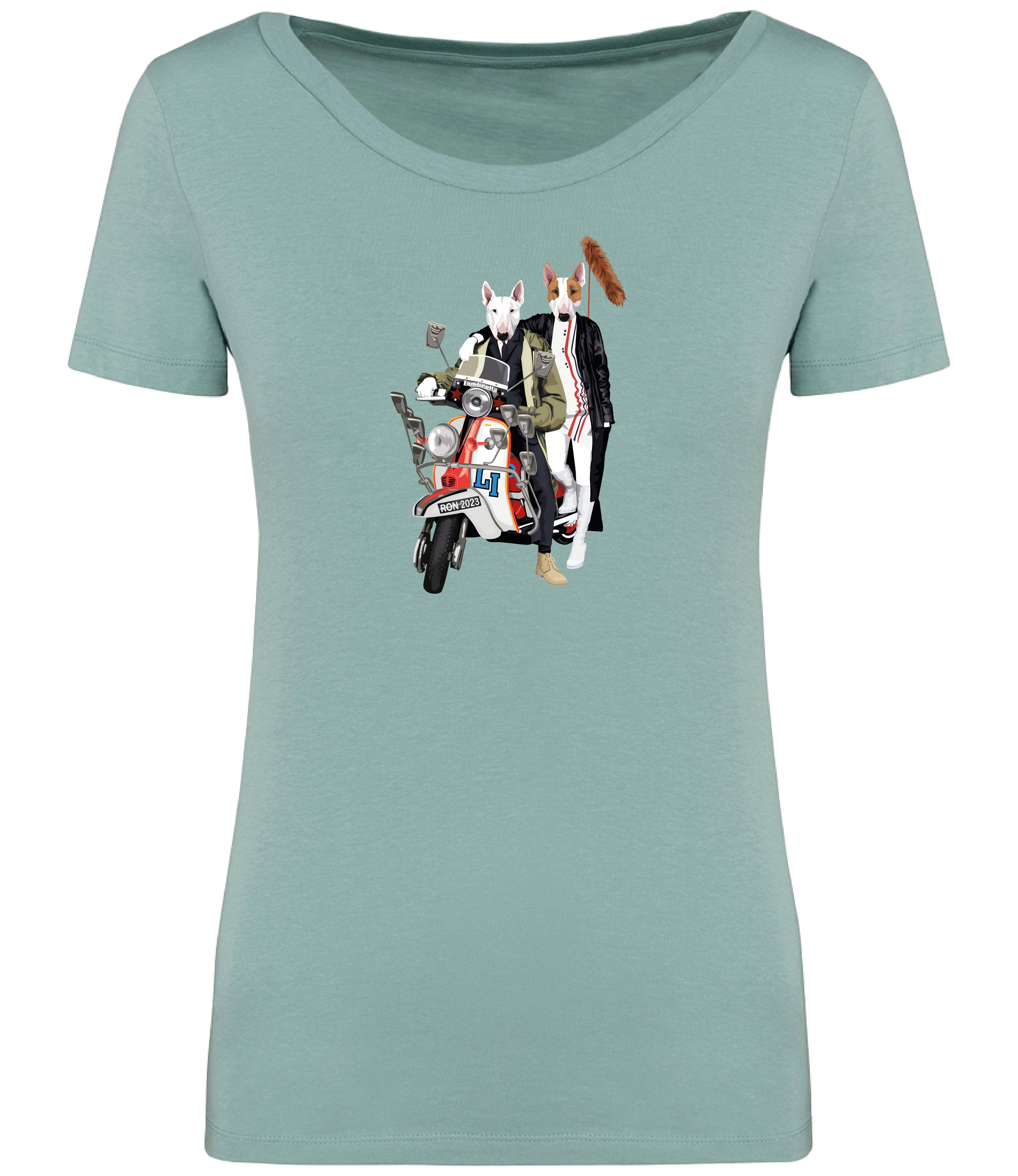 Jade Green T-shirt printed with 2 English bull terrier dogs wearing trendy clothes riding a red and white scooter with fox tail on the back