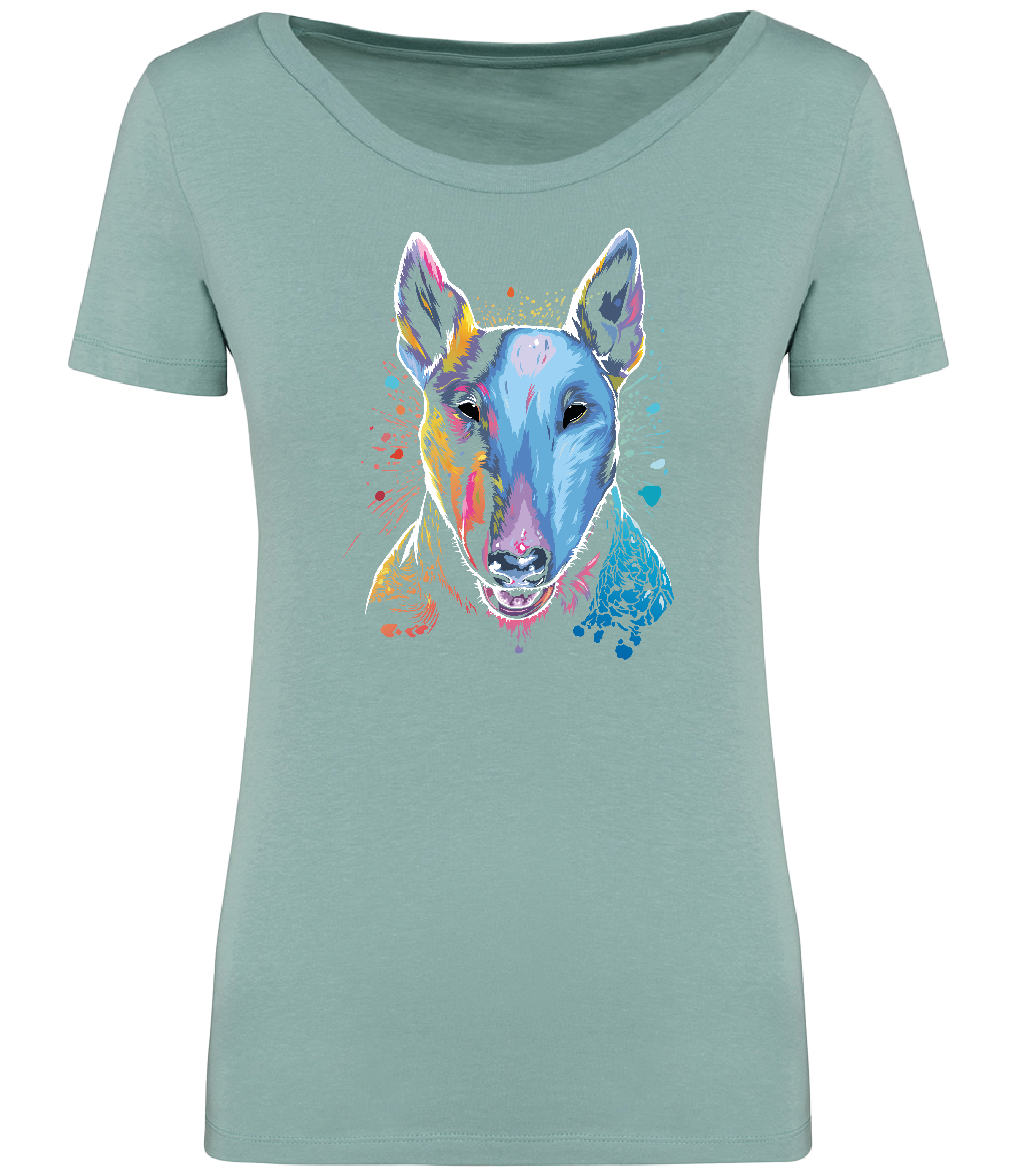 Jade Green T-shirt printed with an English Bull Terrier Dog face in bright colours and paint splashes 