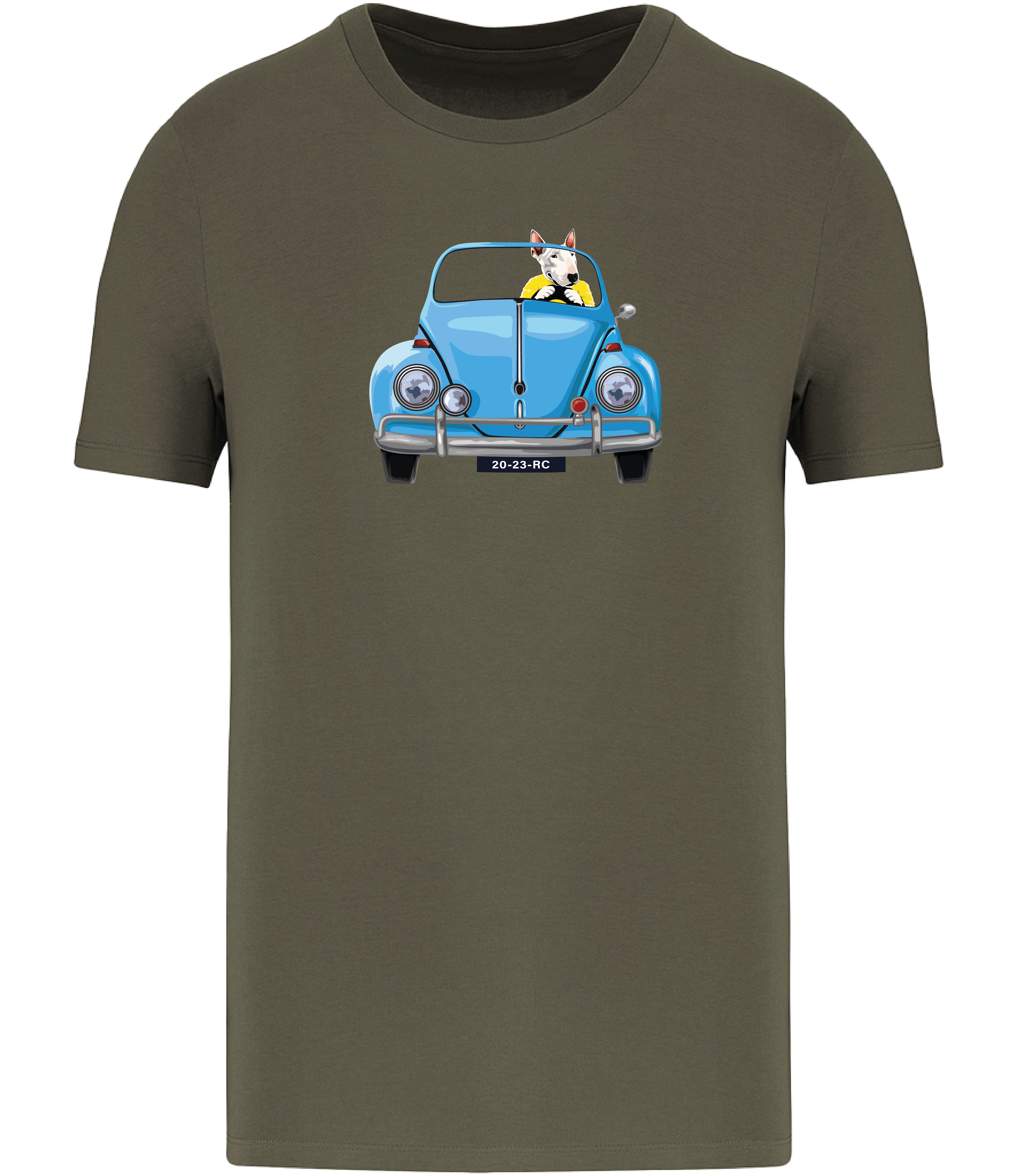 Khaki Green T-shirt printed with an English Bull Terrier Dog wearing a yellow top driving a Blue Beetle Car