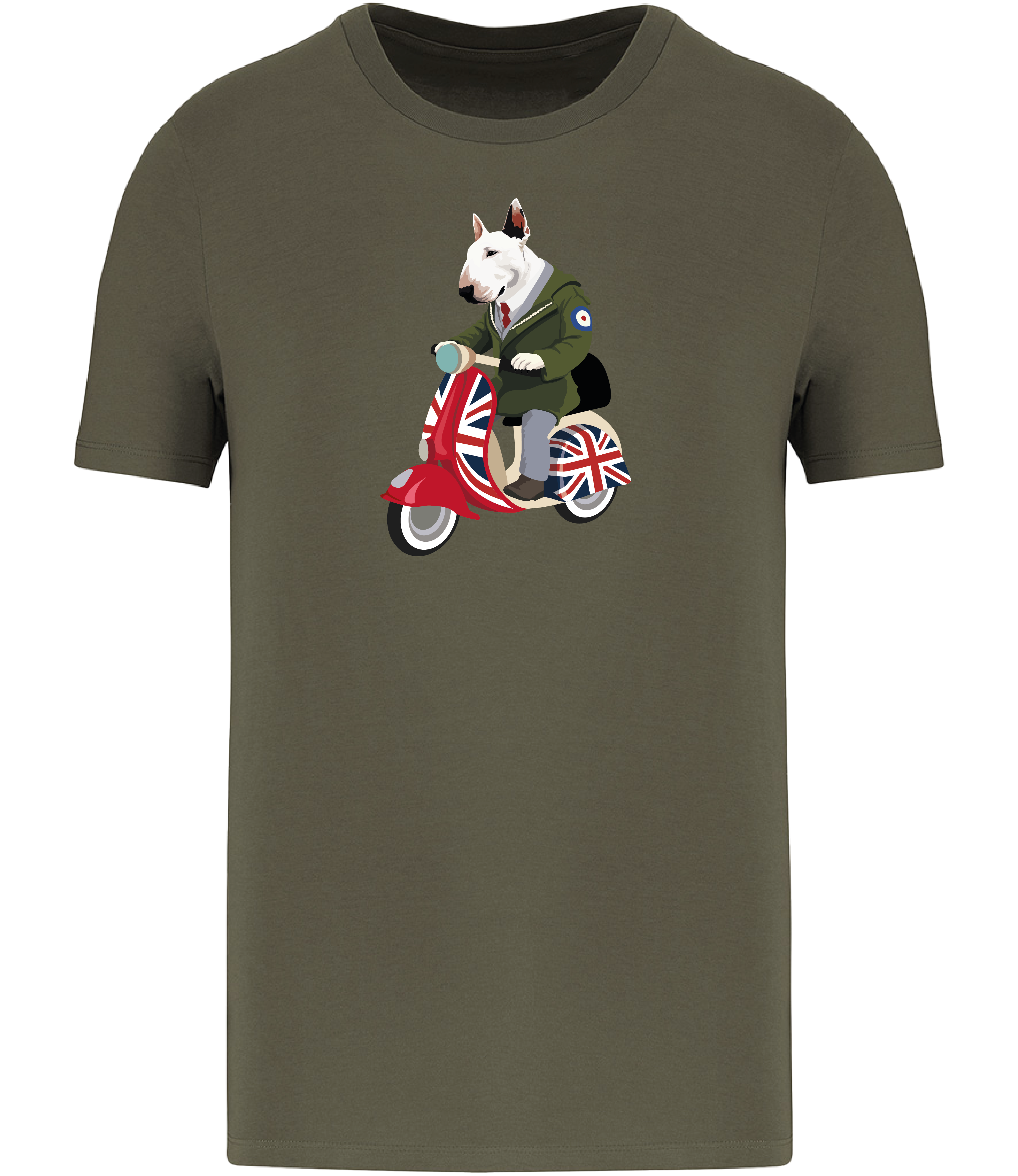 Khaki Green T-shirt printed with and English Bull Terrier Dog wearing a parka coat riding a scooter painted in Union Jack colours