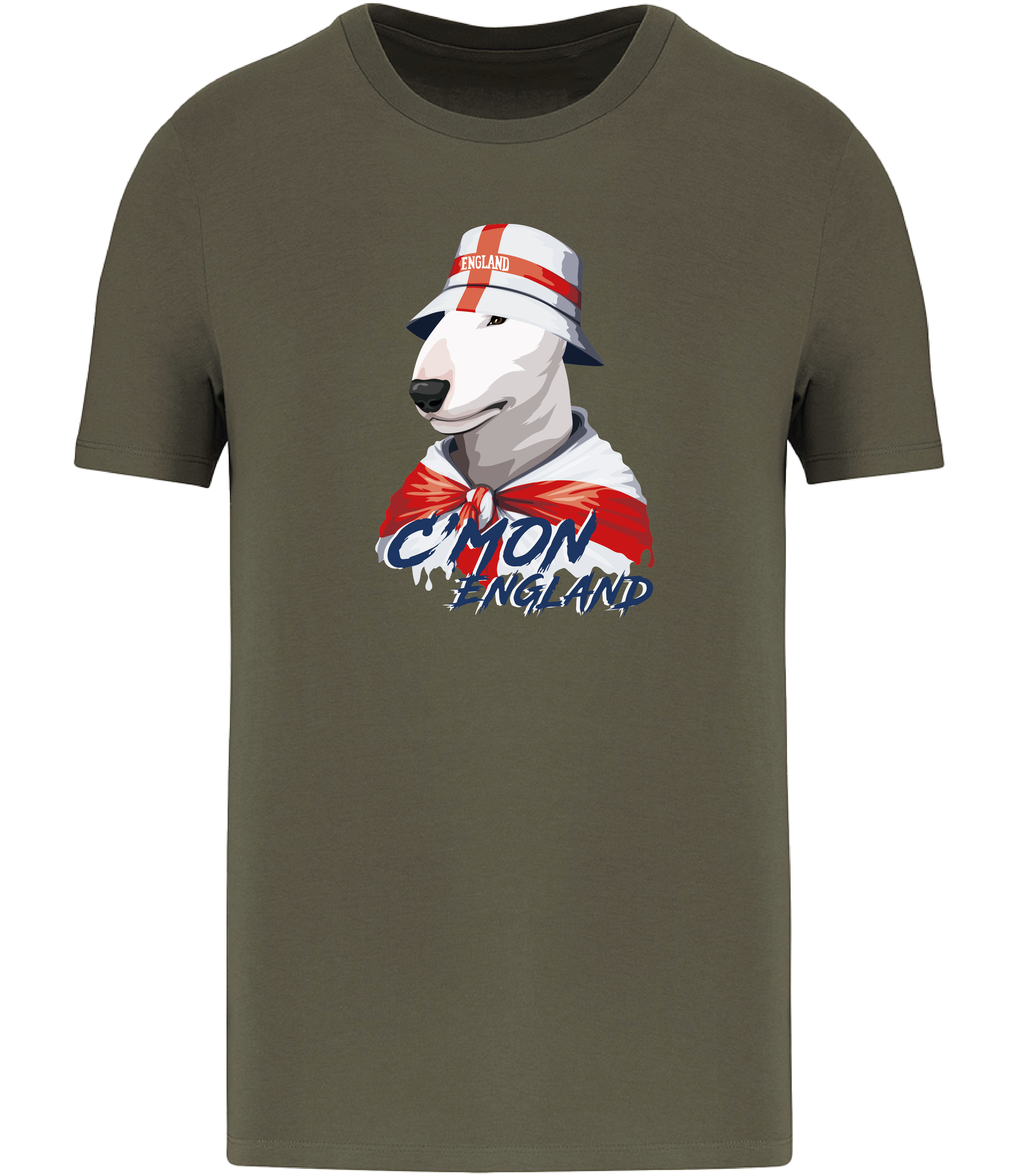 Khaki Green T-shirt printed by Ronnies Casuals with English Bull Terrier Dog wearing a St Georges flag hat and scarf.  The words C'mon England printed underneath