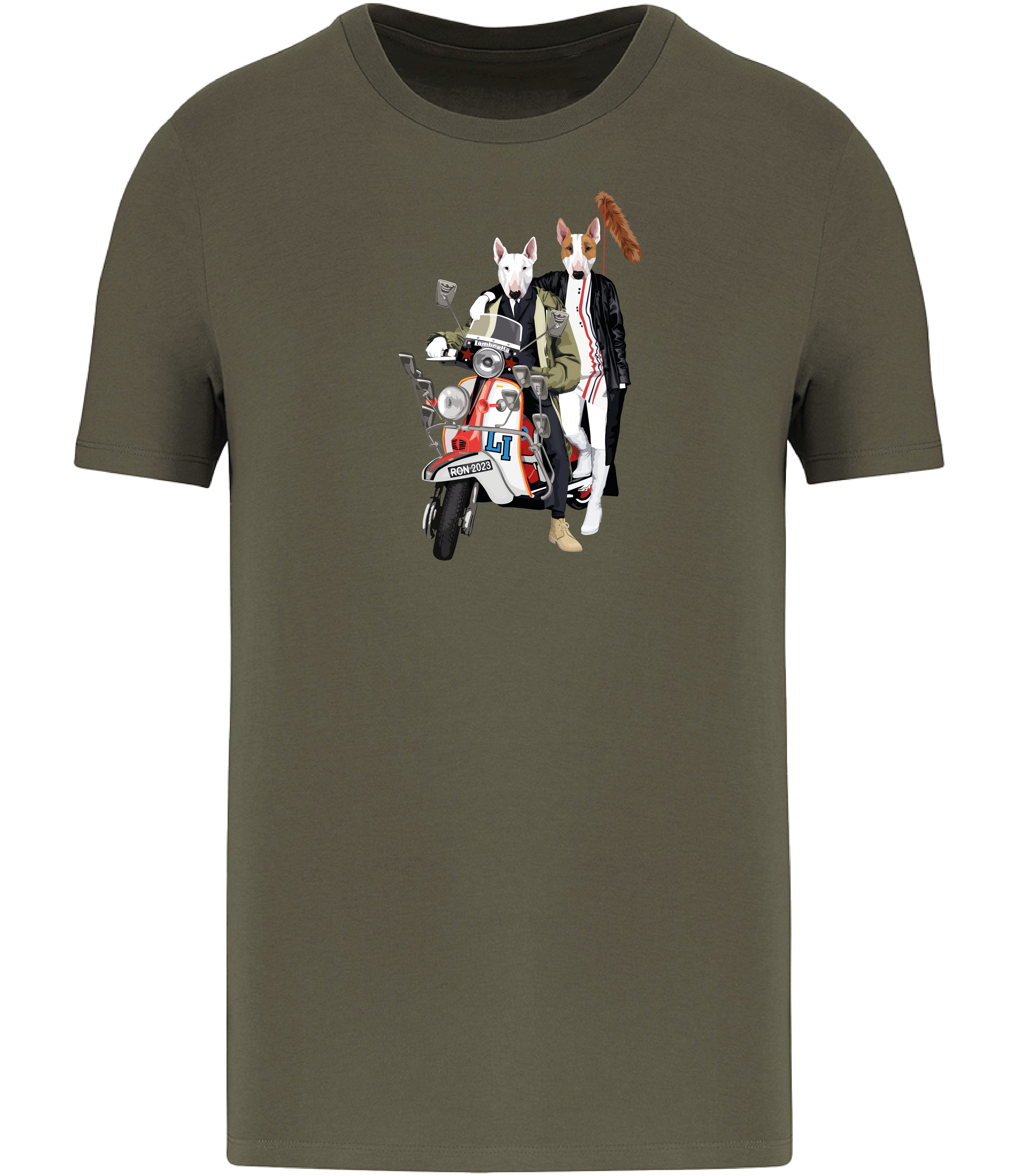 Khaki Green T-shirt printed with a Boy and Girl English Bull Terrier Dogs Sitting on a classic Scooter with a foxtail on the back