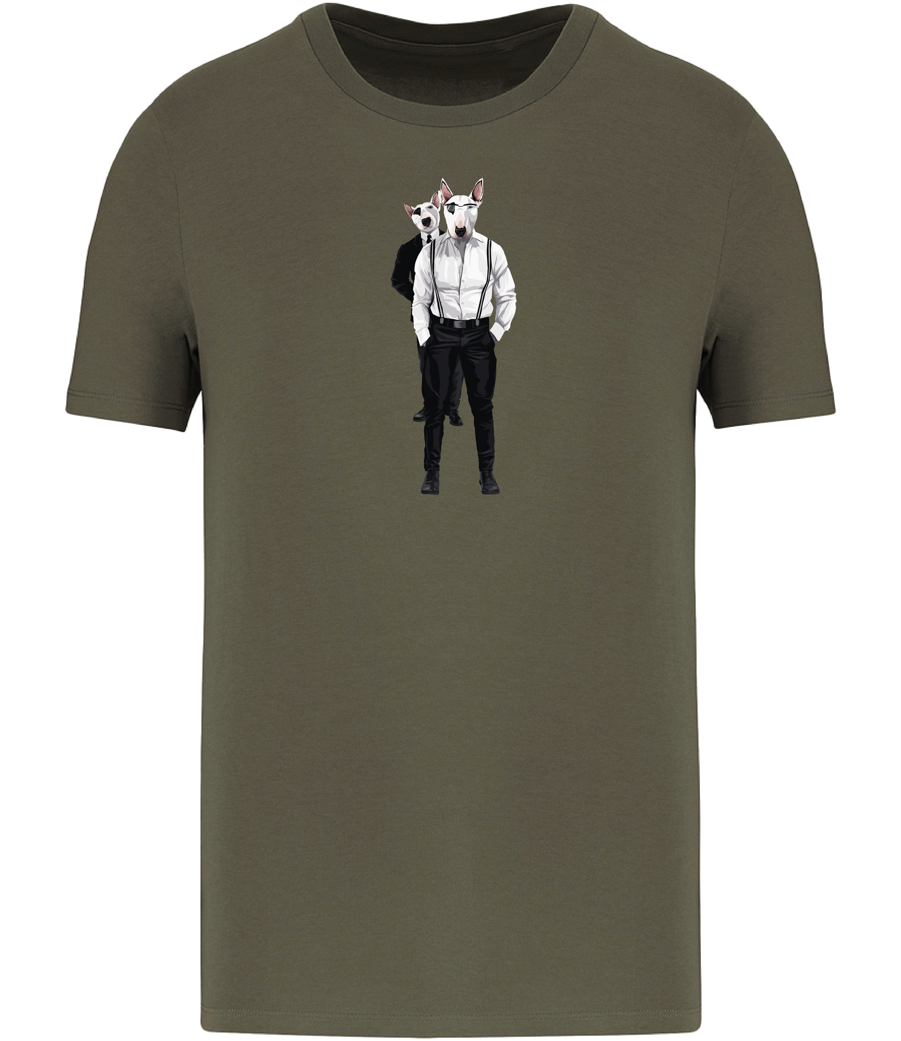 Khaki Green T-shirt printed with 2 English Bull Terriers wearing suits and braces. One wearing glasses and the other one is looking over his shoulder.