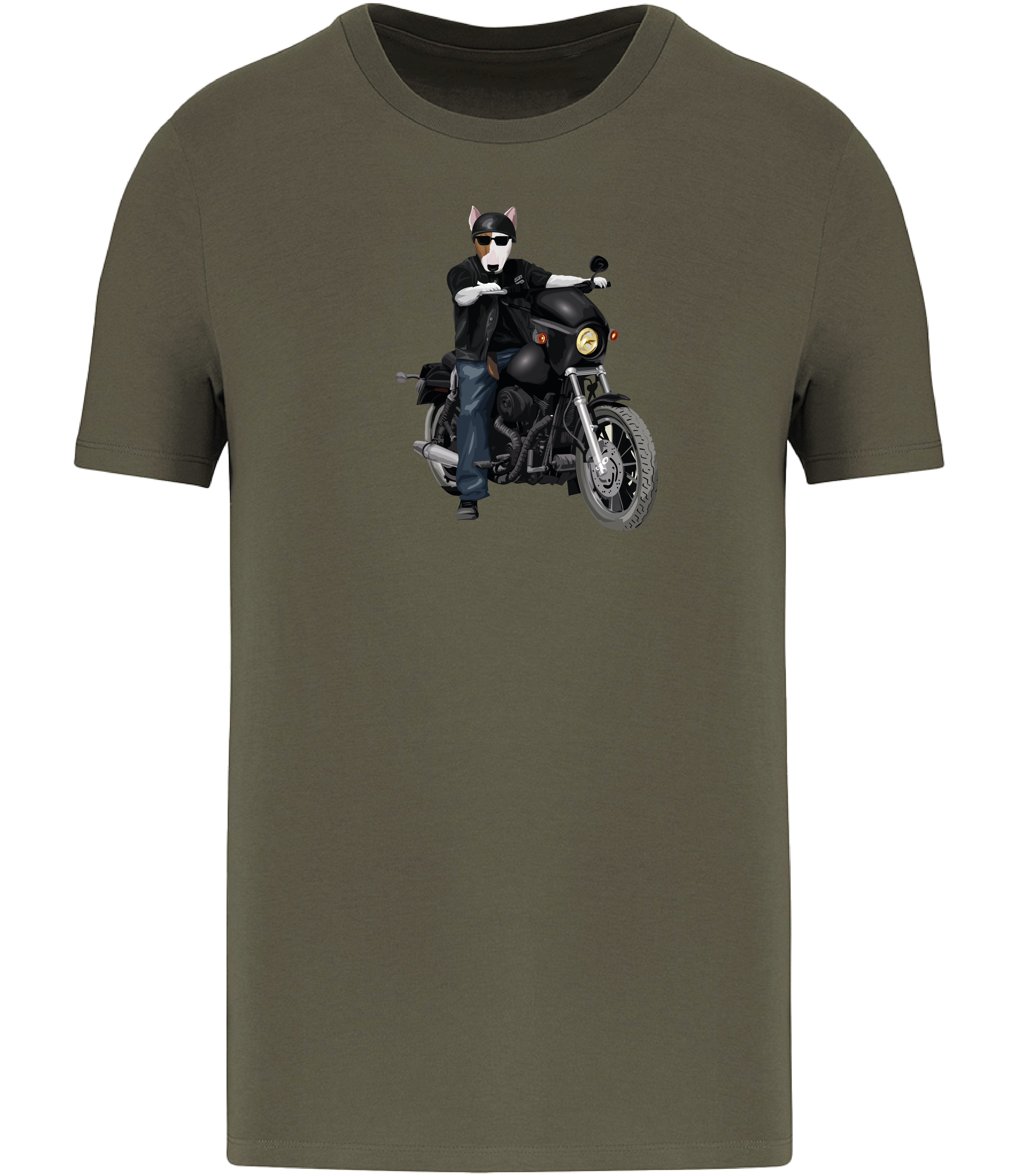 Khaki Green T-shirt printed with an English Bull Terrier Dog riding a motorbike wearing a helmet