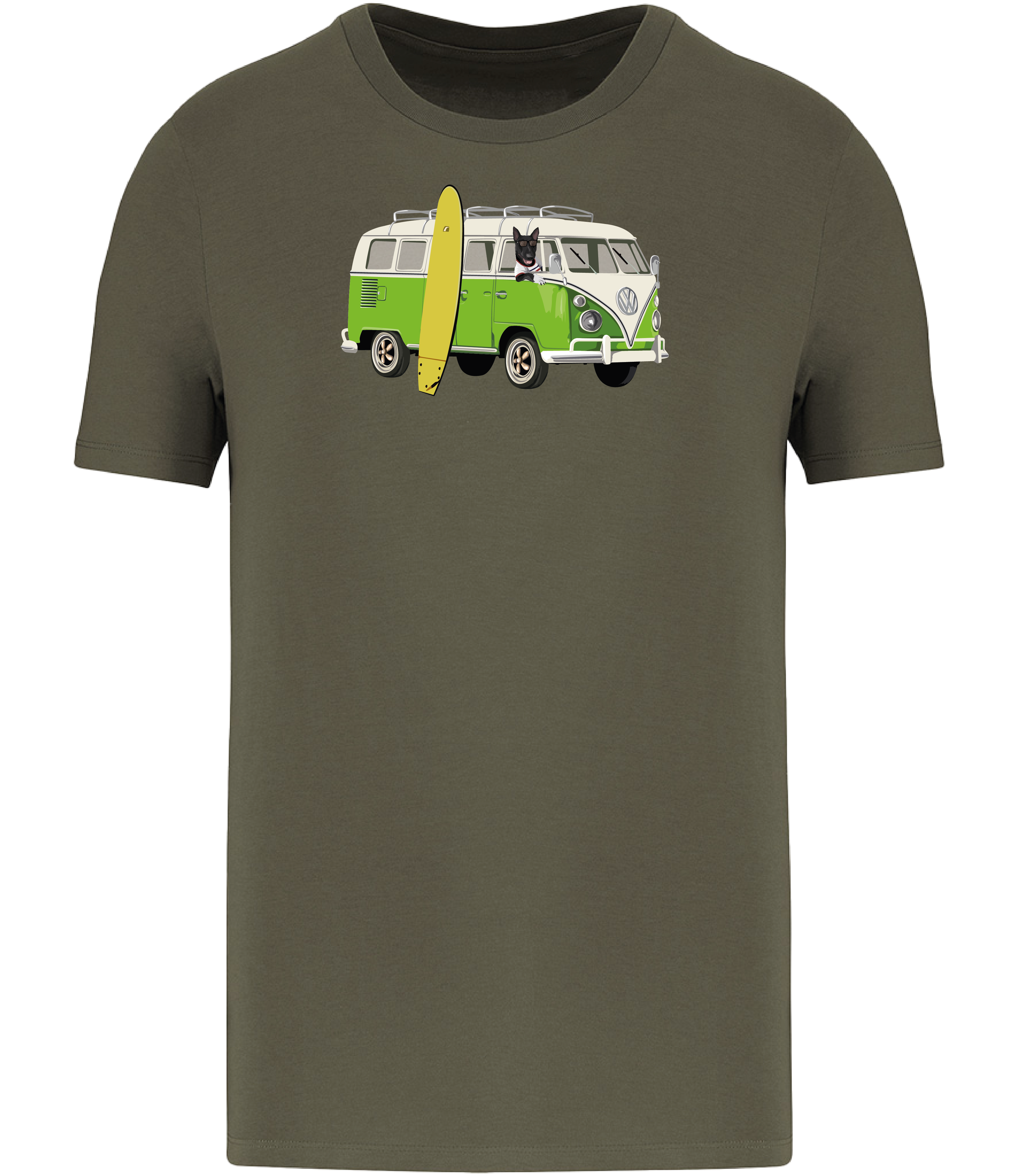Khaki Green T-shirt printed with and English Bull Terrier Dog in a camper van with a surf board
