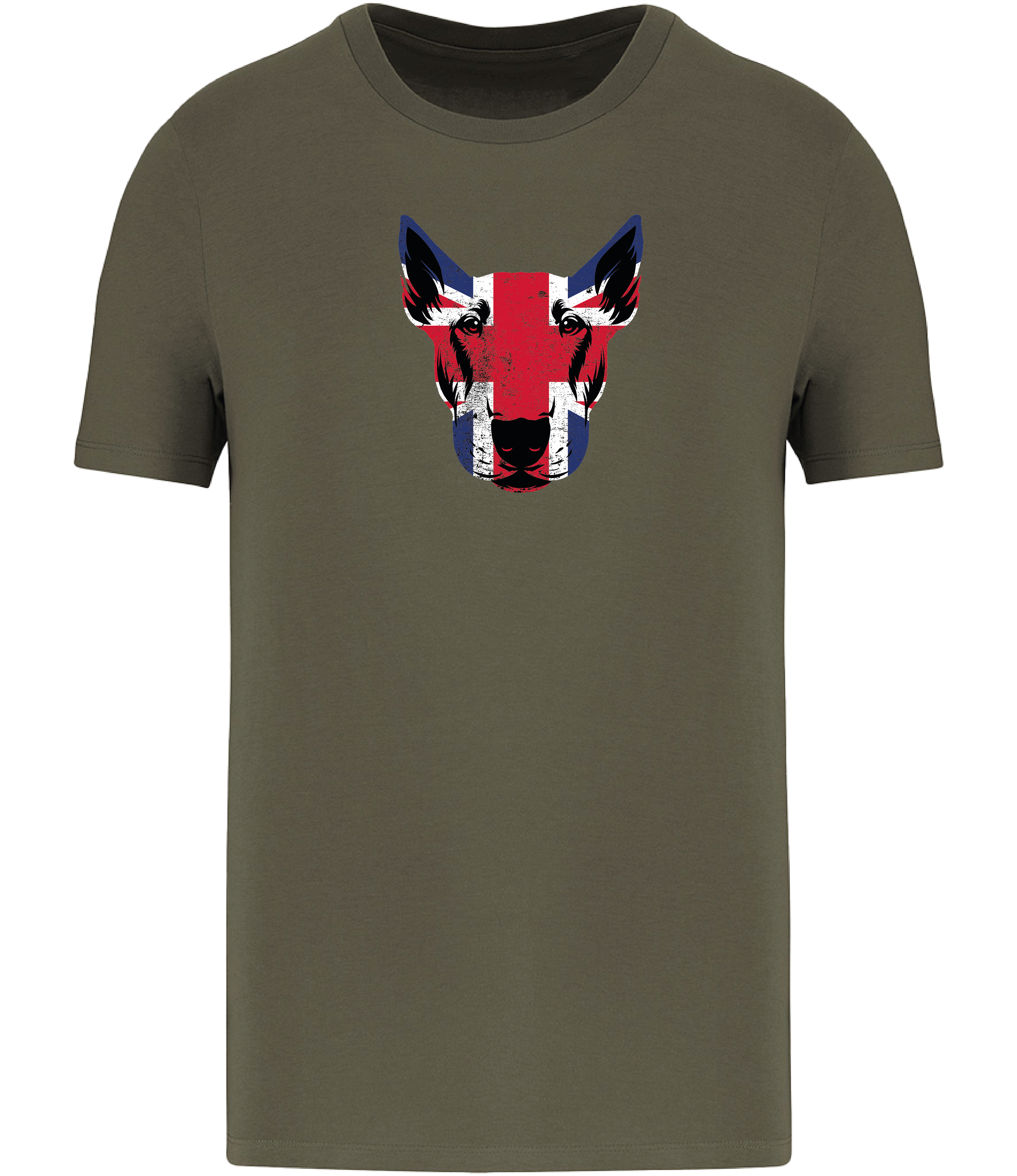 Khaki Green T-shirt printed with and English Bull Terrier Face covered in Union Jack Colours