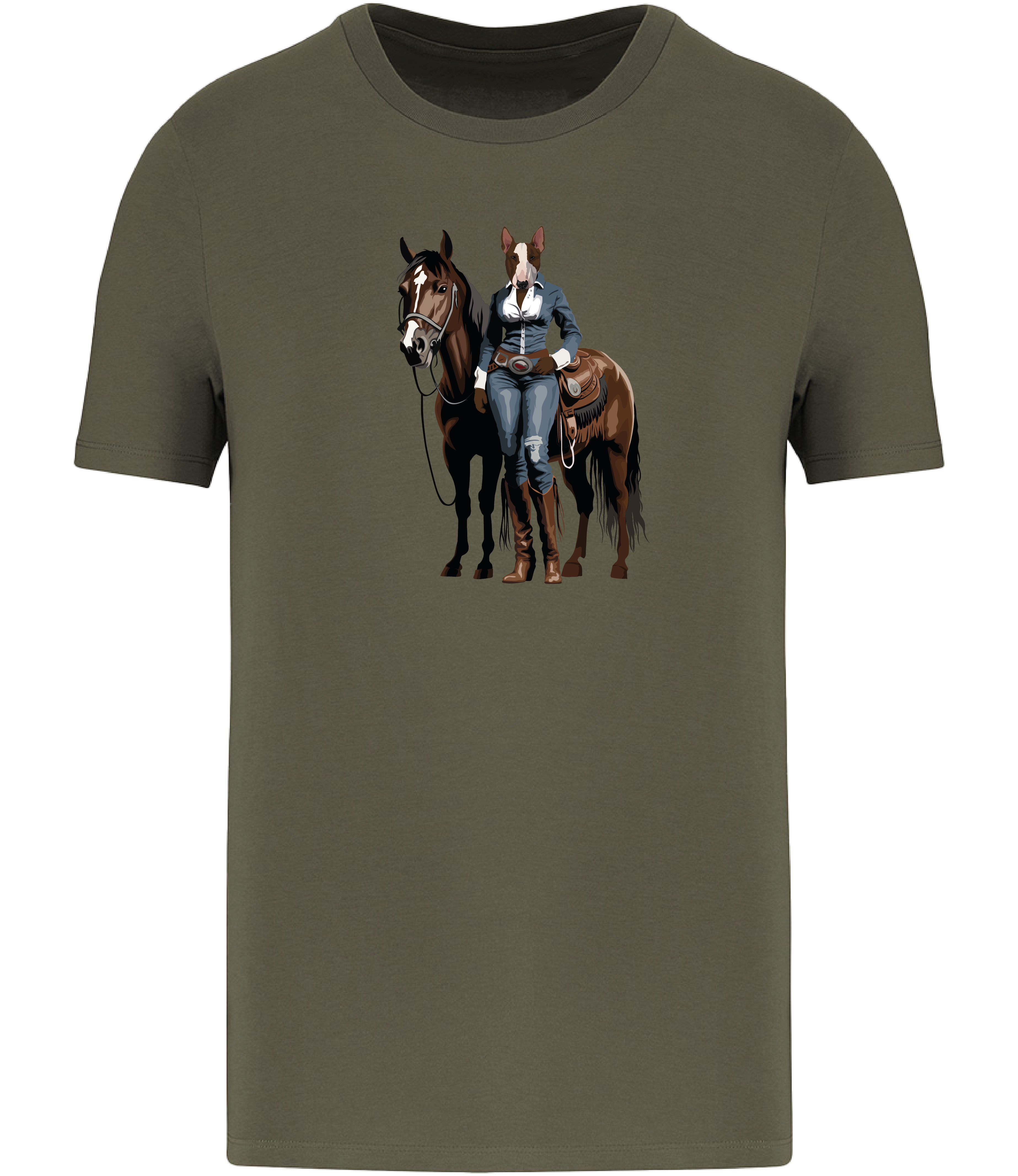 Khaki Green T-shirt printed with and English Bull Terrier Dog dressed in denim western clothing with a horse in western style