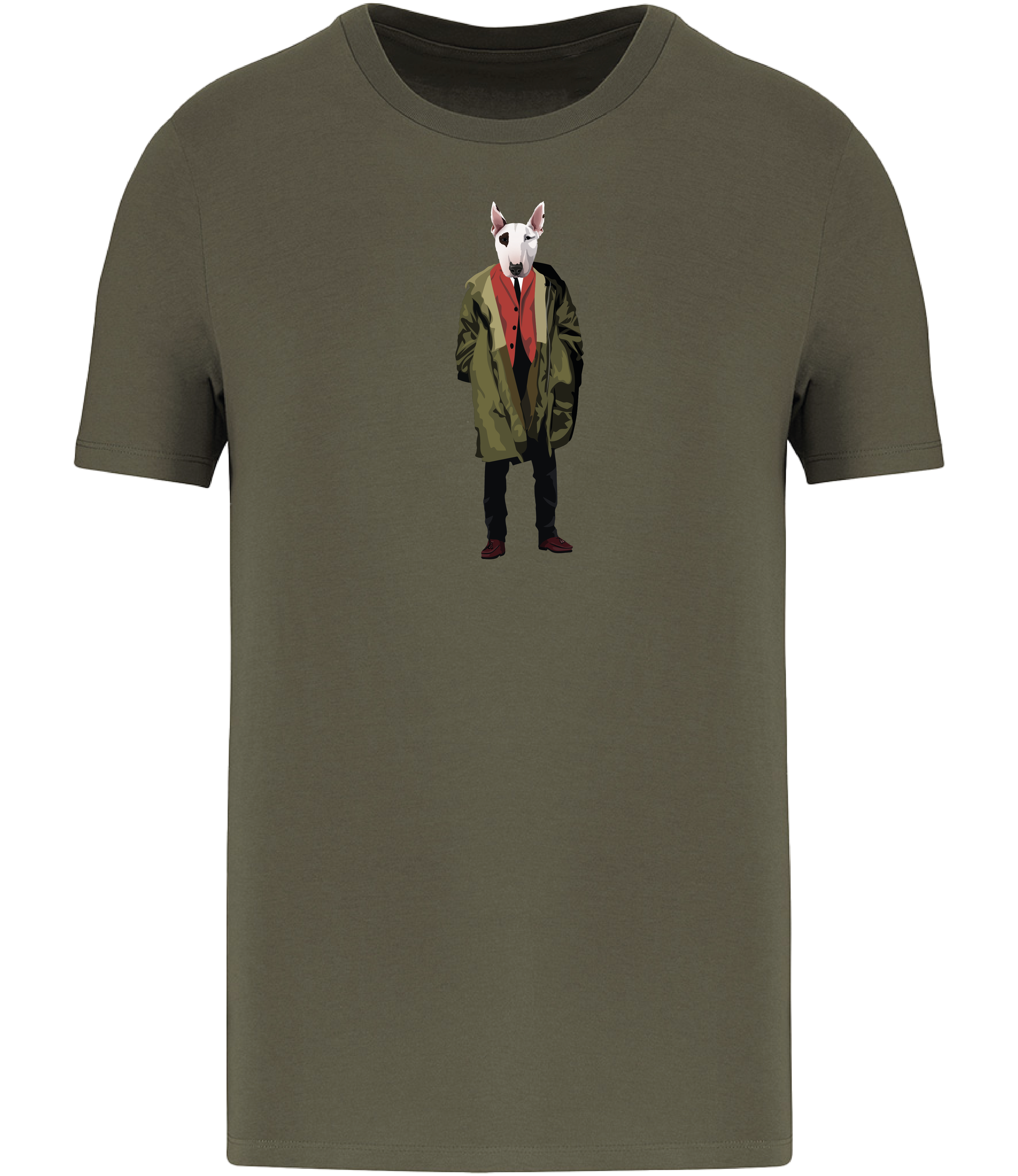 Khaki Green T-shirt printed with English Bull Terrier Dog wearing a green Parka Jacket and red waistcoat