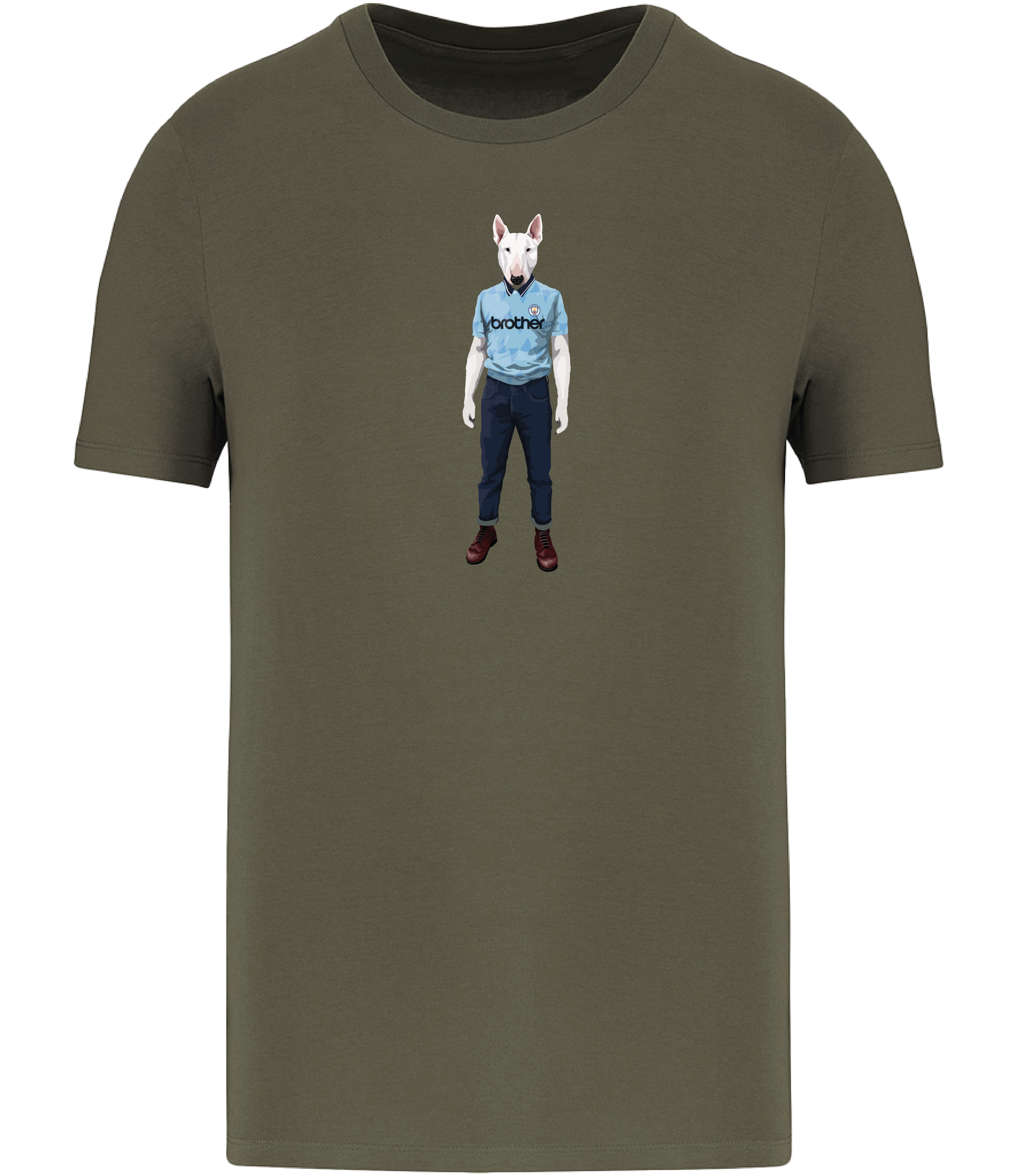 Khaki Green T-shirt printed with an English Bull Terrier Dog wearing a Manchester City Football Shirt and Jeans