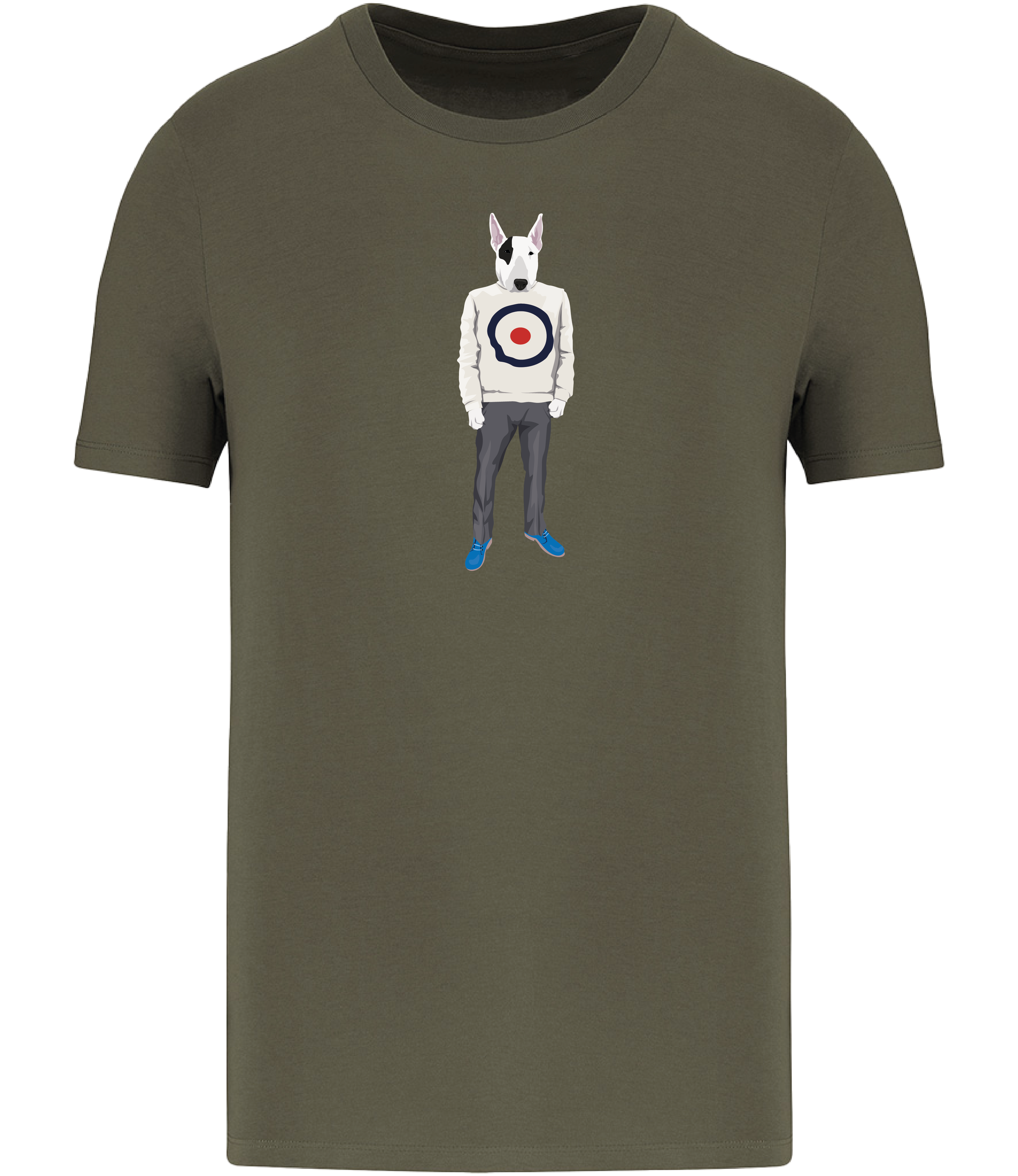 Khaki Green T-shirt Printed with an English Bull Terrier Dog wearing a jumper with a target on it, grey trousers and blue shoes