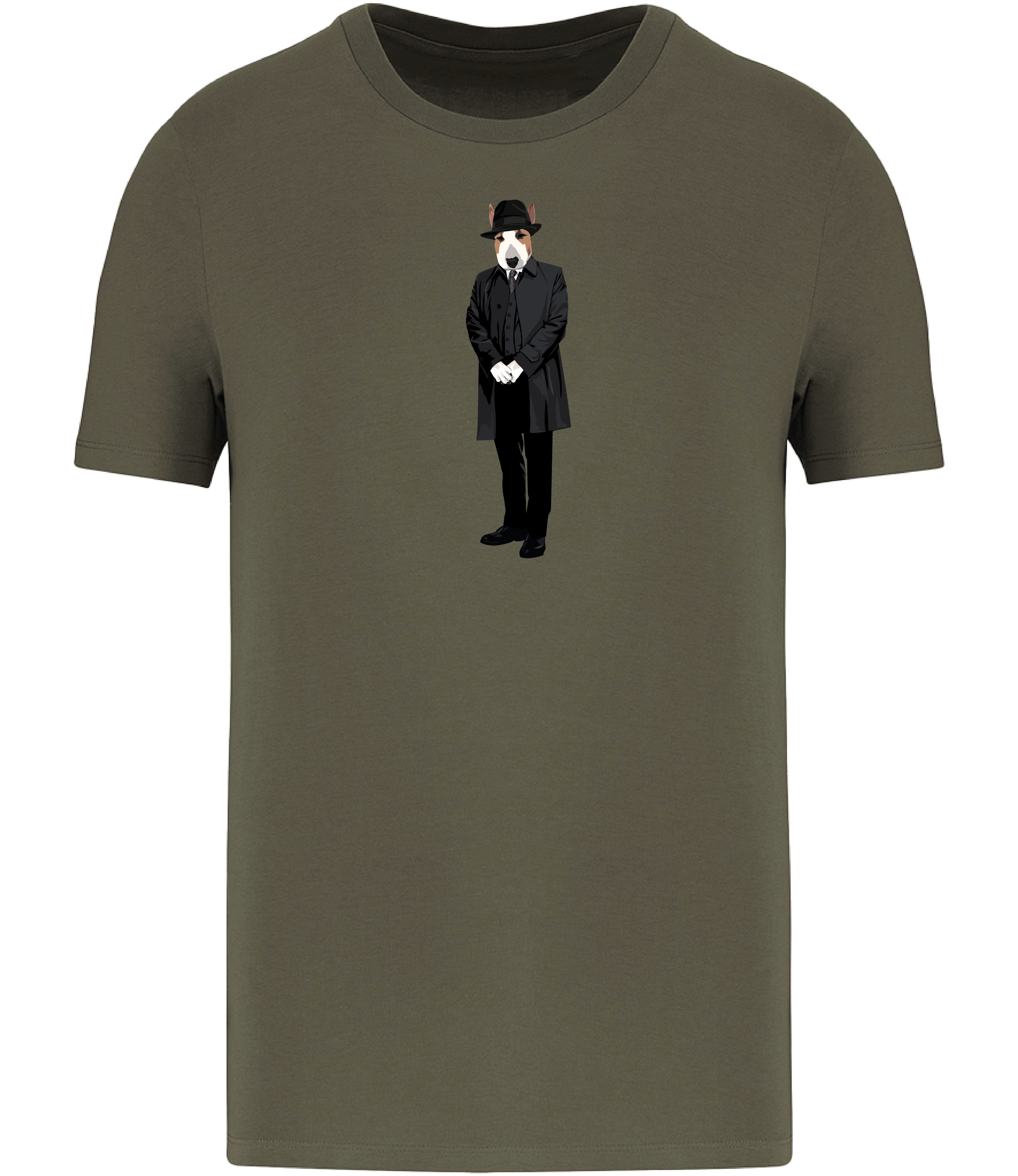 Khaki Green T-shirt English Bull Terrier Dog dressed in a hat and long grey trench coat