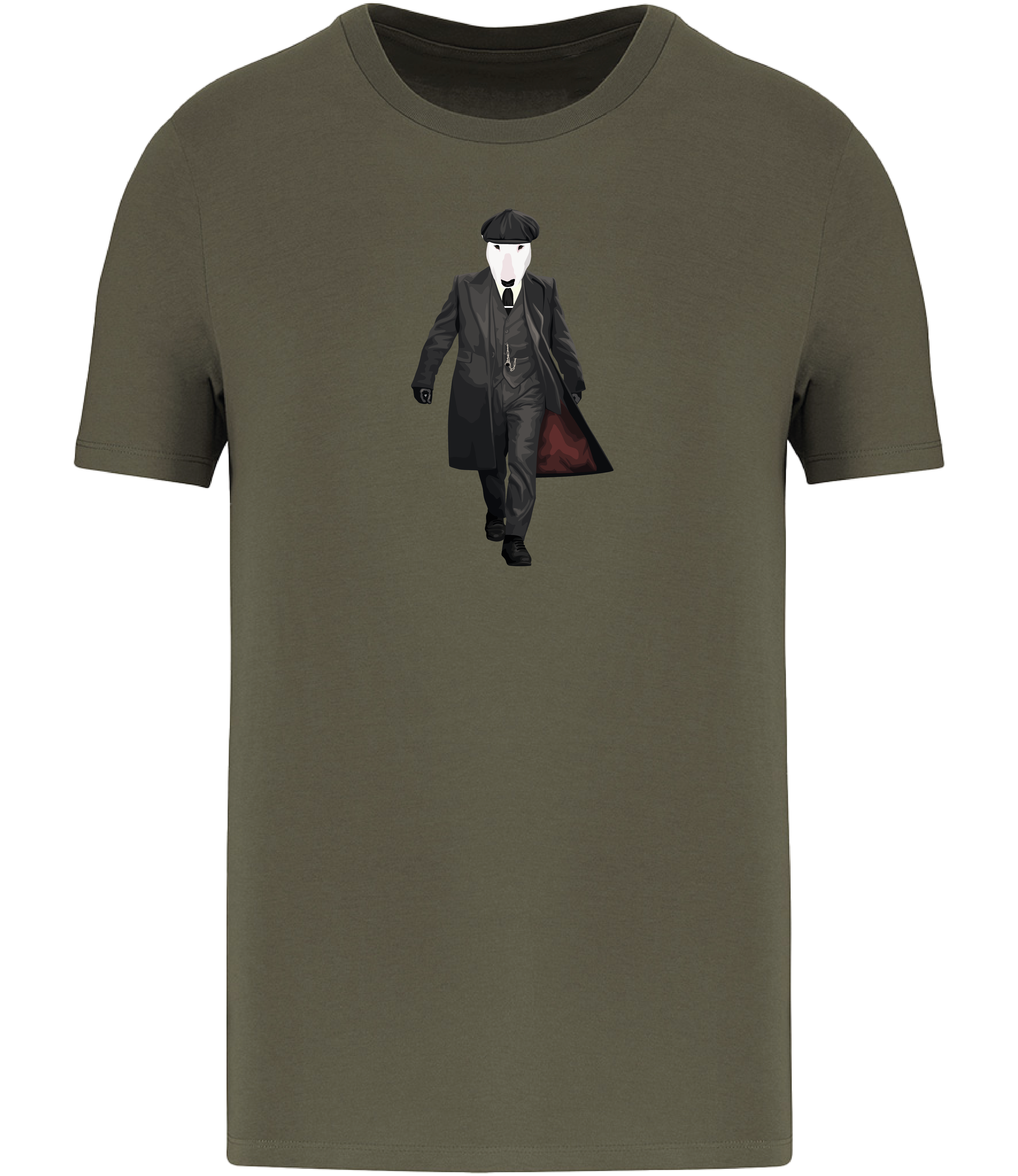 Khaki Green T-shirt printed with an English Bull Terrier Dog dressed as the character Thomas Shelby from the TV series Peaky Blinders