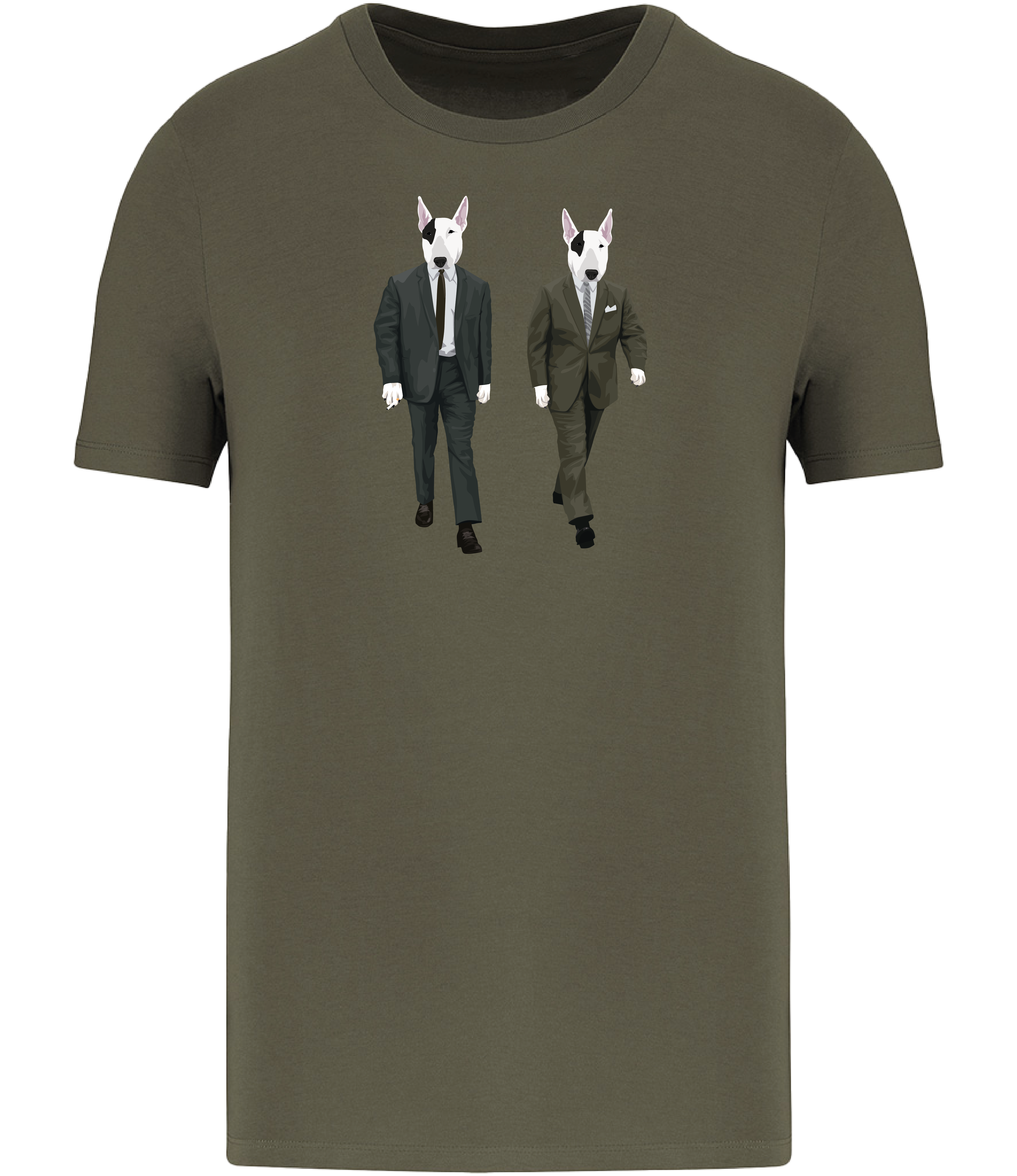 Khaki Green T-shirt printed with 2 identical looking English Bull Terrier Dogs wearing suits and ties