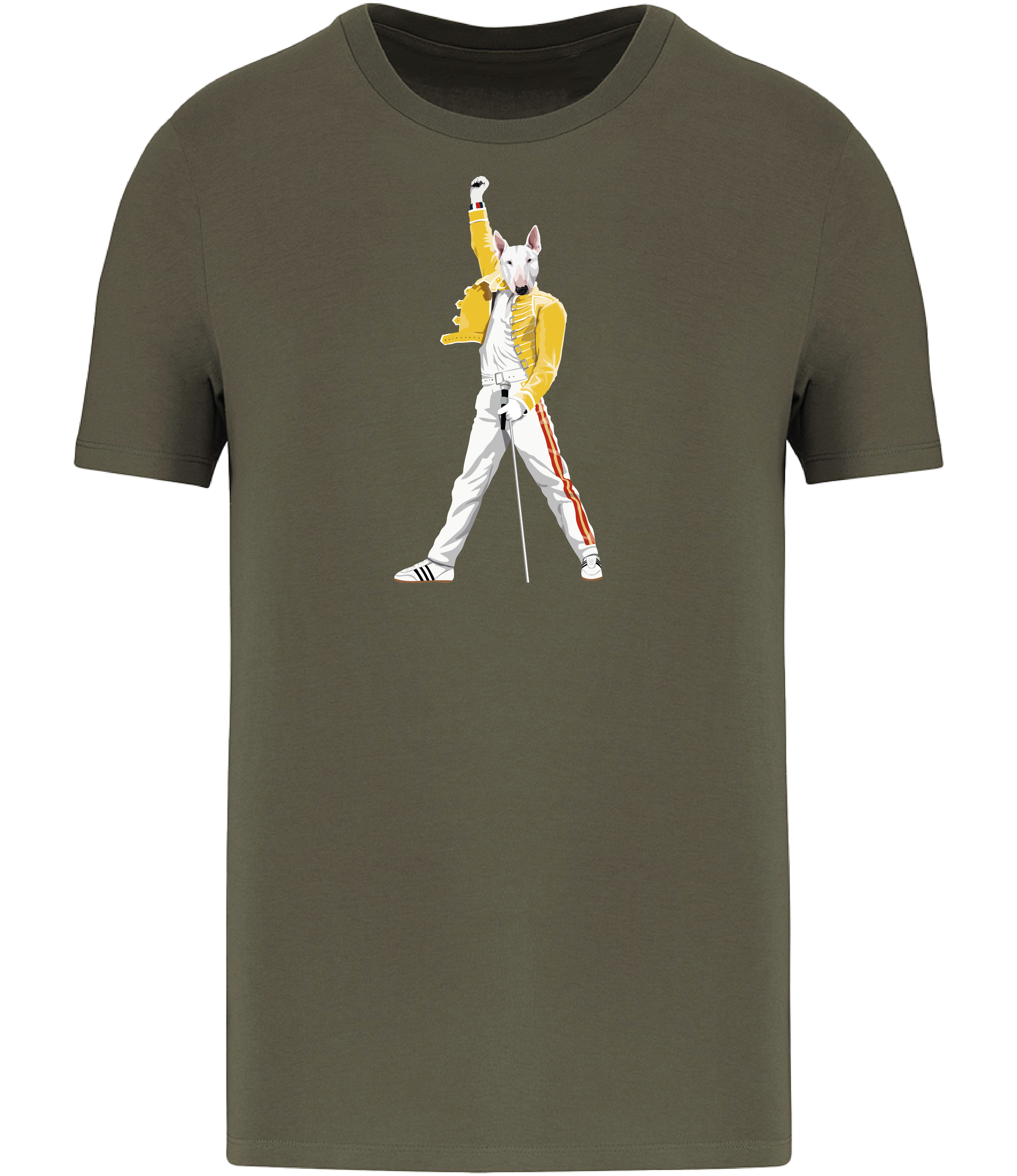 Khaki Green T-shirt printed with an English Bull Terrier Dog Dressed up like the pop Icon Freddie mercury holding a microphone