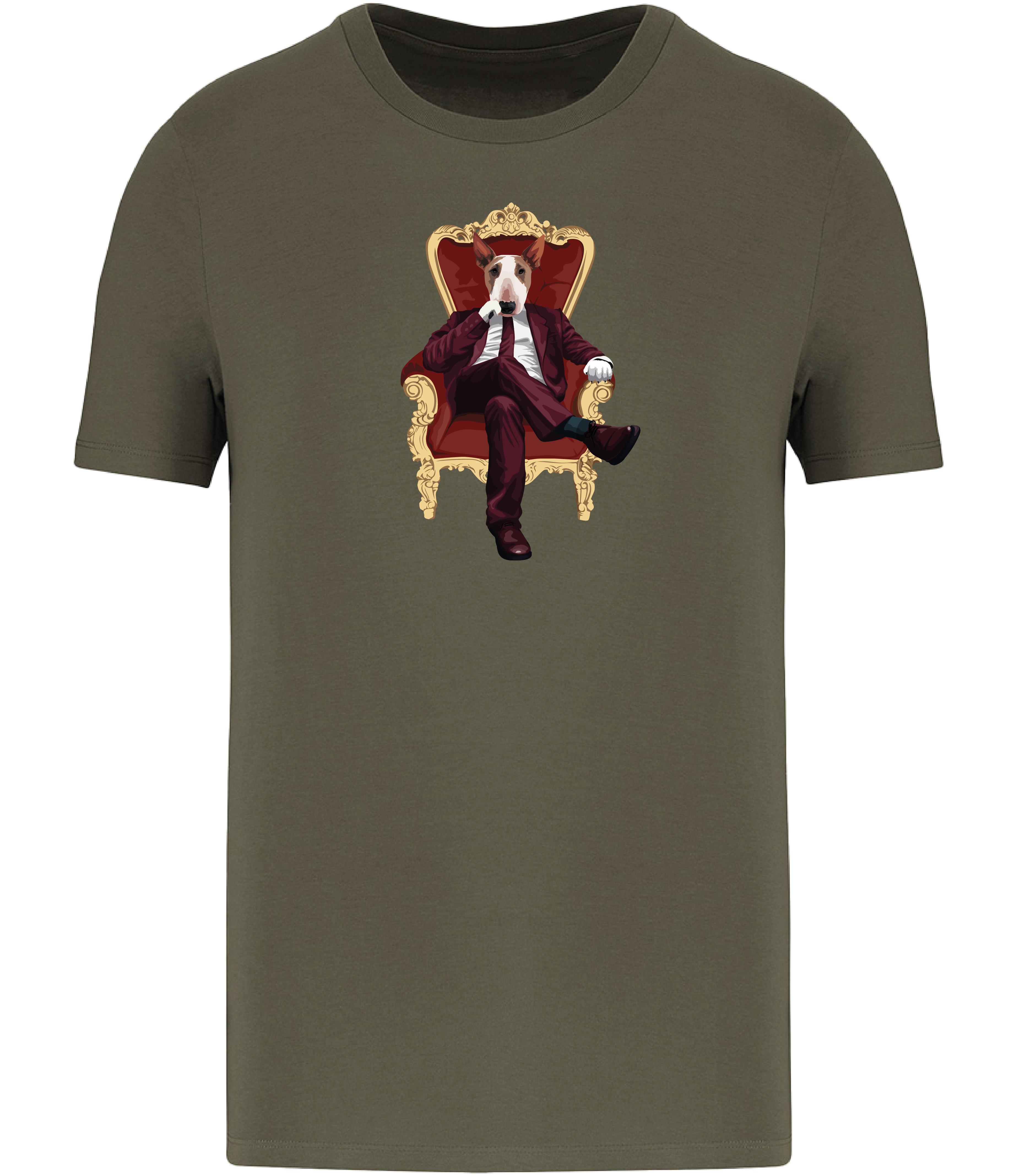 Khaki Green T-shirt printed with and English Bull Terrier Dog wearing a red suit and tie sitting in a big gold and red throne type chair