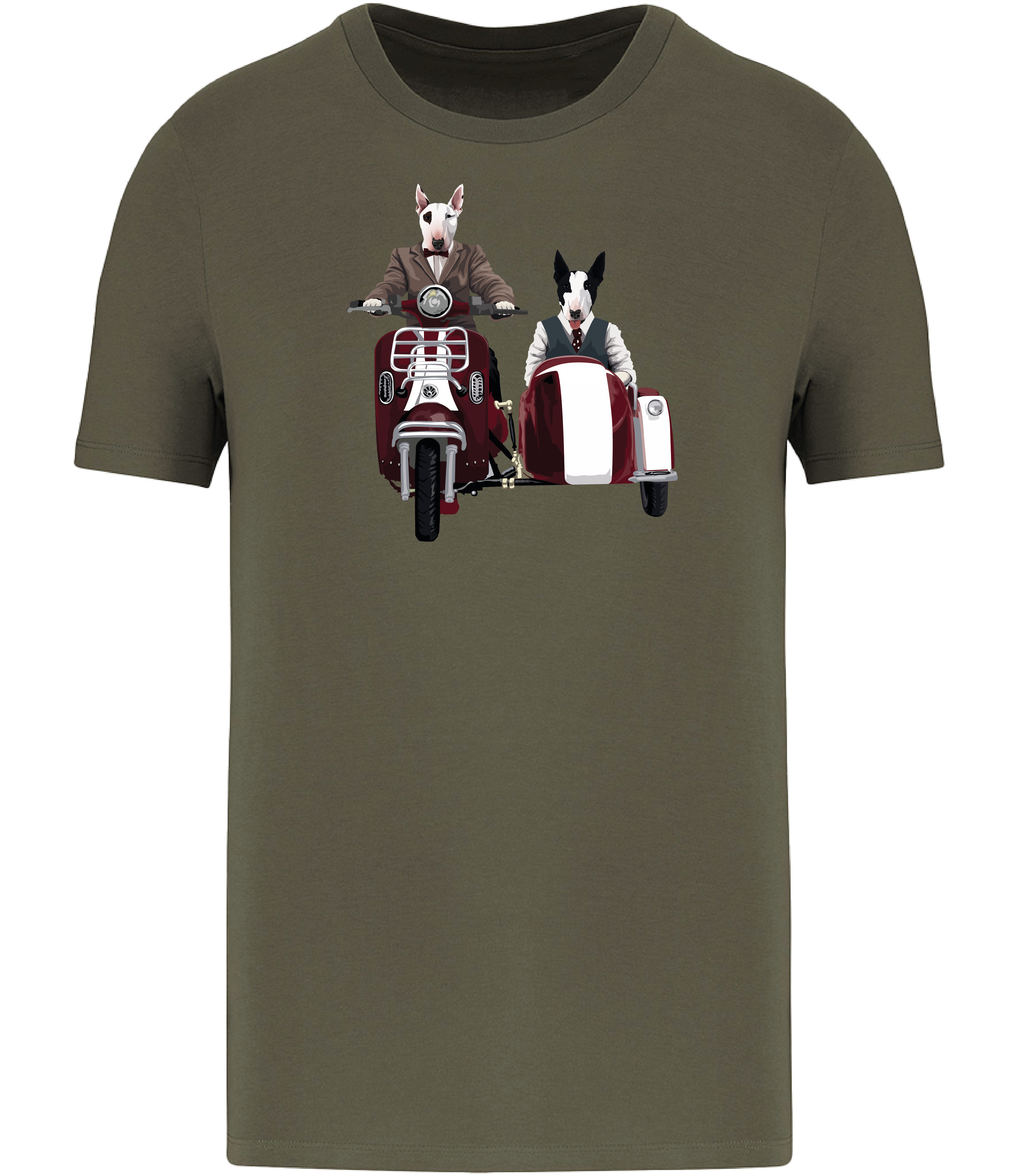 Khaki Green T-shirt printed with an English Bull Terrier riding a Motorcycle and side car and another English Bull Terrier riding in the sideca