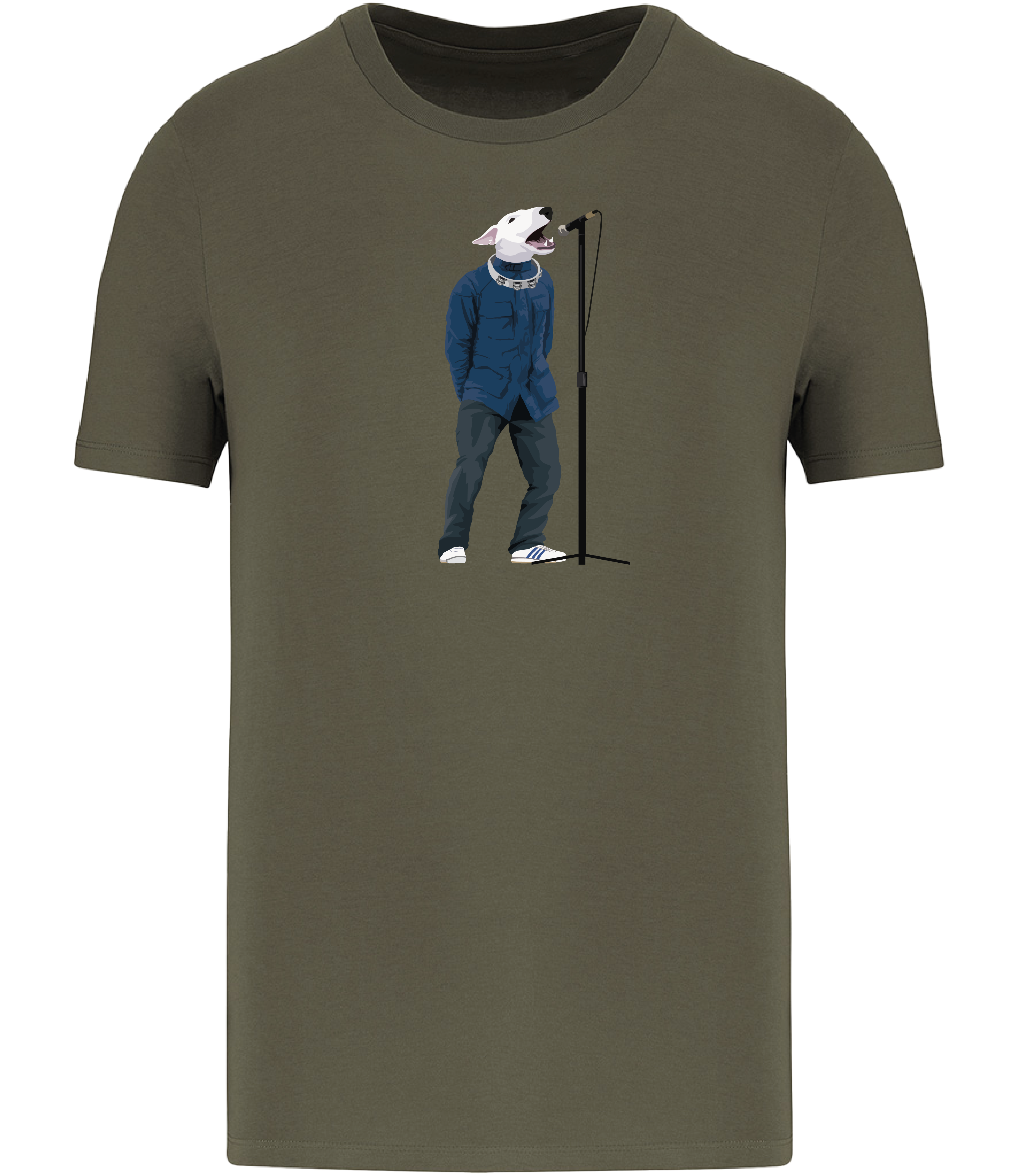 Khaki Green T-shirt printed with an English Bull Terrier Dog wearing a blue jacket, jeans and trainers. A tambourine round his neck singing into a microphone