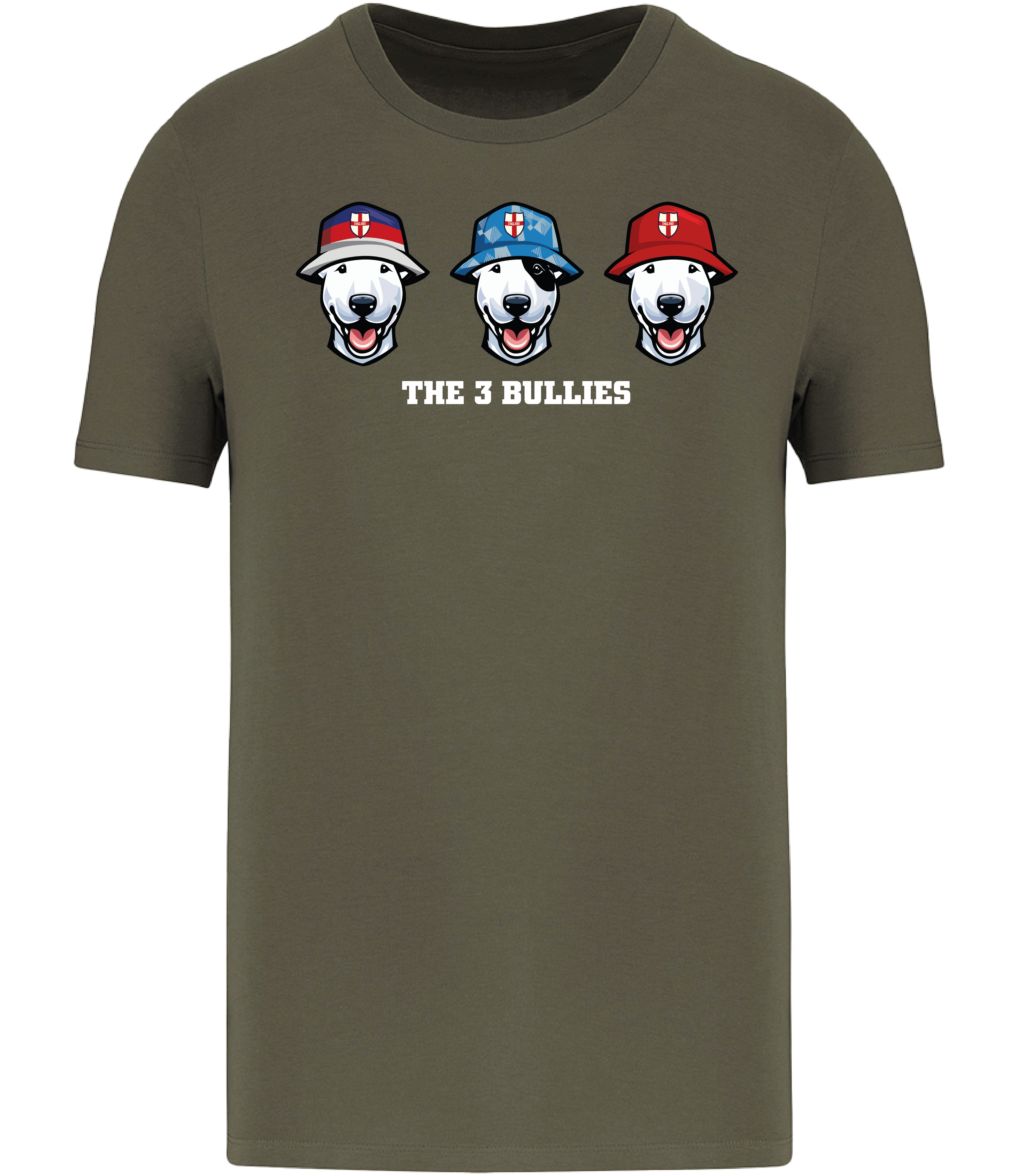 Khaki Green T-shirt printed with 3 English Bull Terrier Heads wearing Bucket hats decorated with St Georges flags and The 3 Bullies written underneath