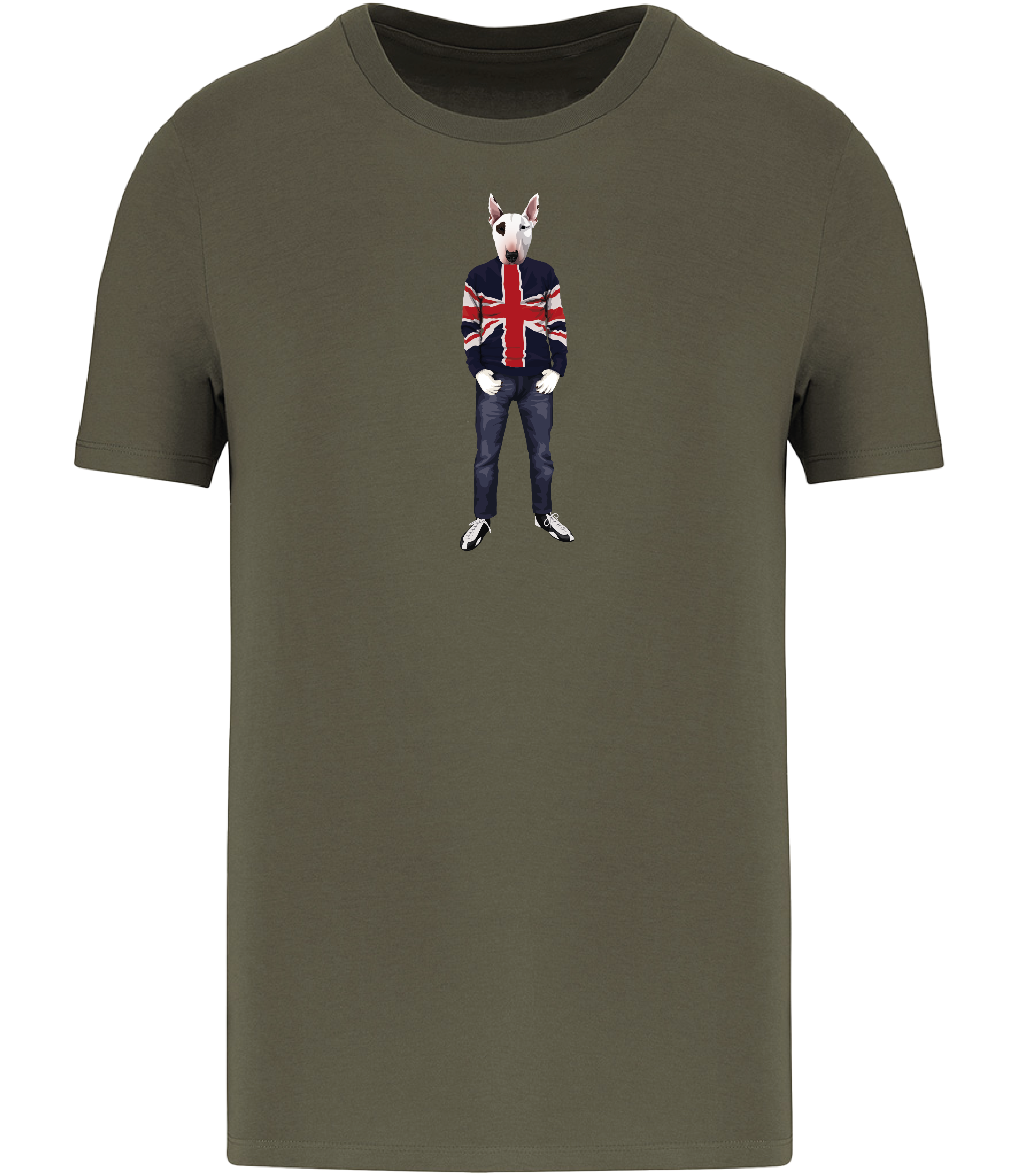 Khaki Green T-shirt printed with an English Bull Terrier Dog with an eye patch wearing a Union Jack jumper, jeans and trainers