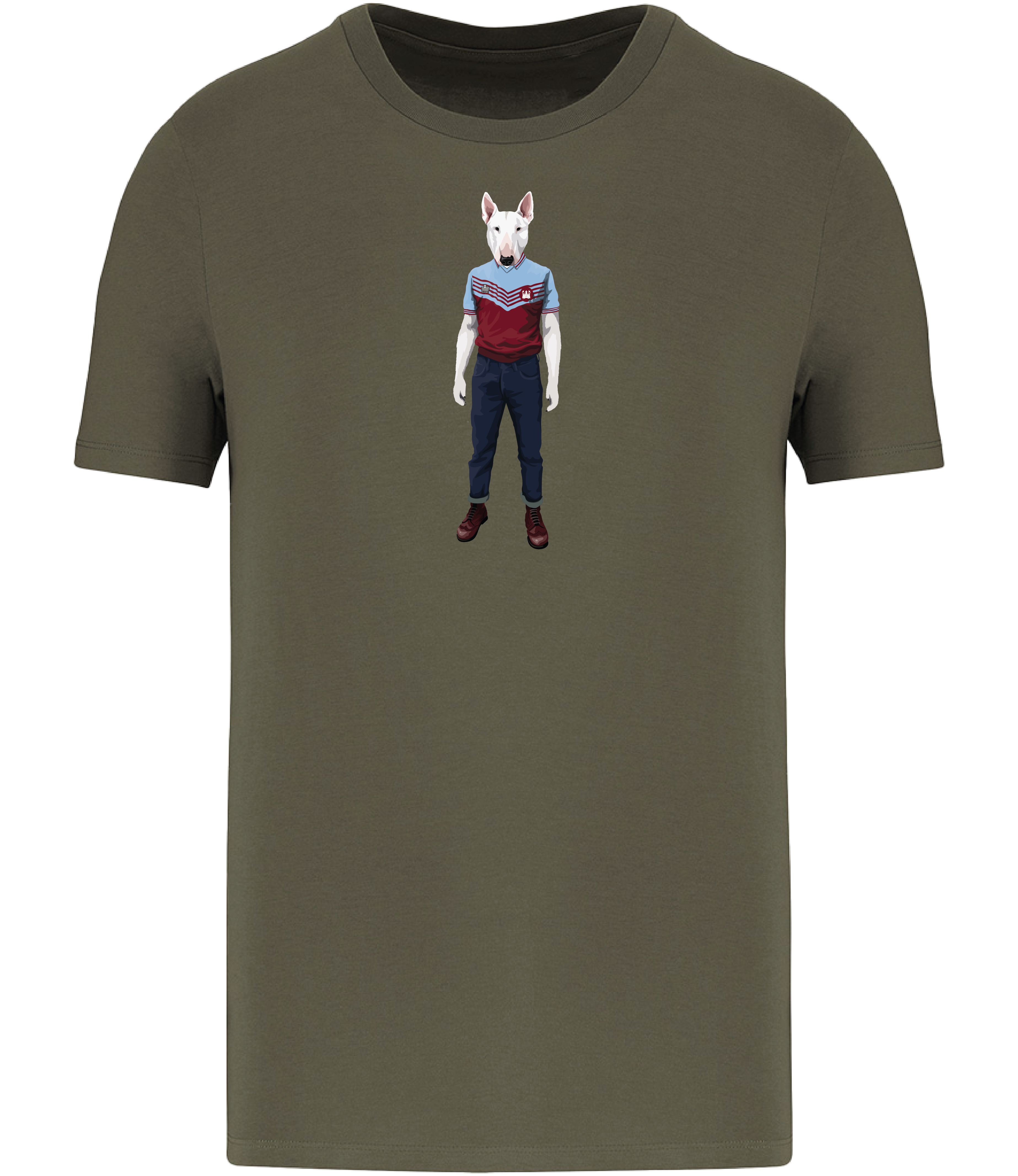 Khaki Green T-shirt printed with an English Bull Terrier Dog wearing a West Ham Football Top, Jeans and Boots