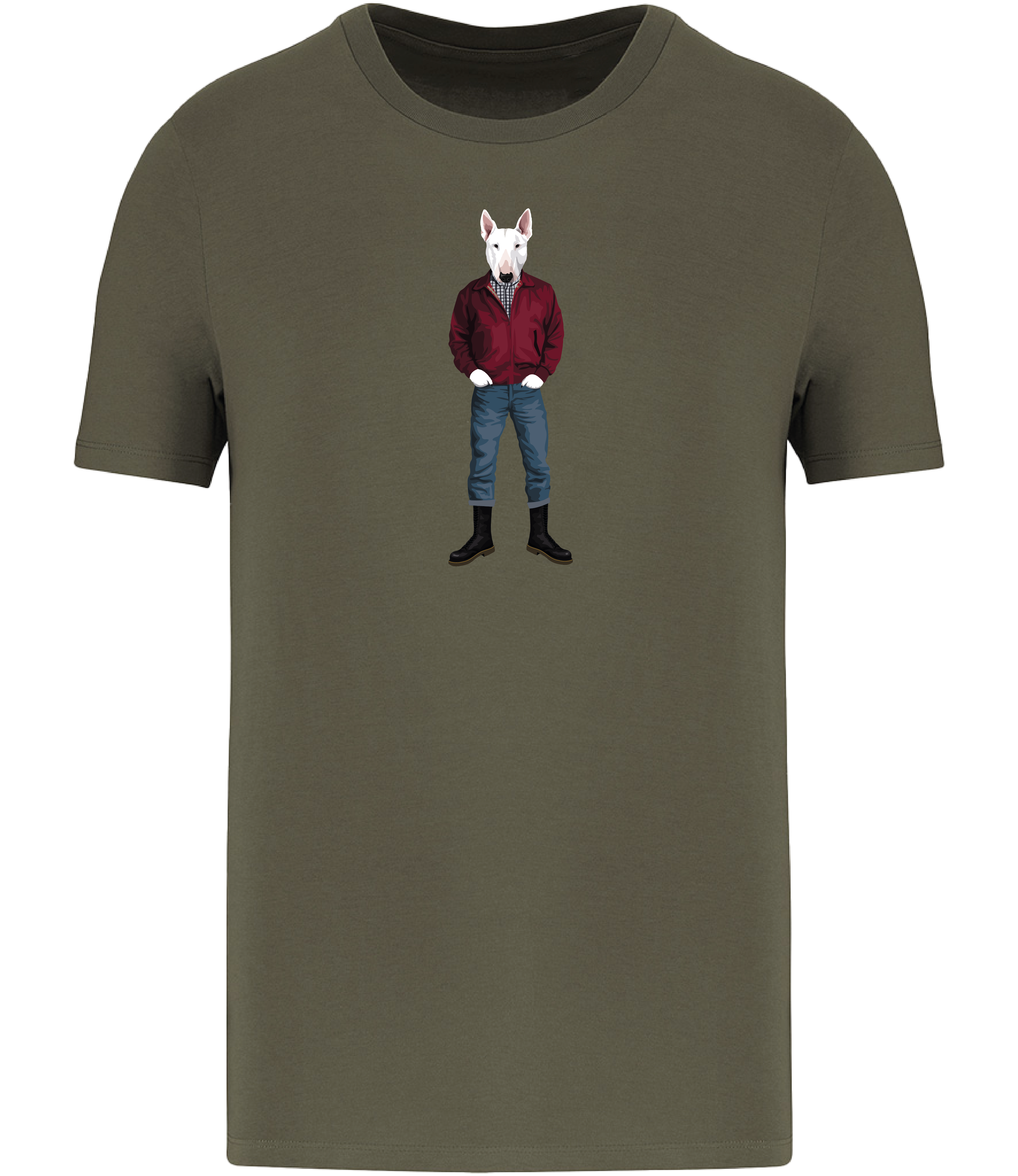 Khaki Green T-shirt printed with an English Bull Terrier Dog wearing a red jacket, rolled up jeans and boots