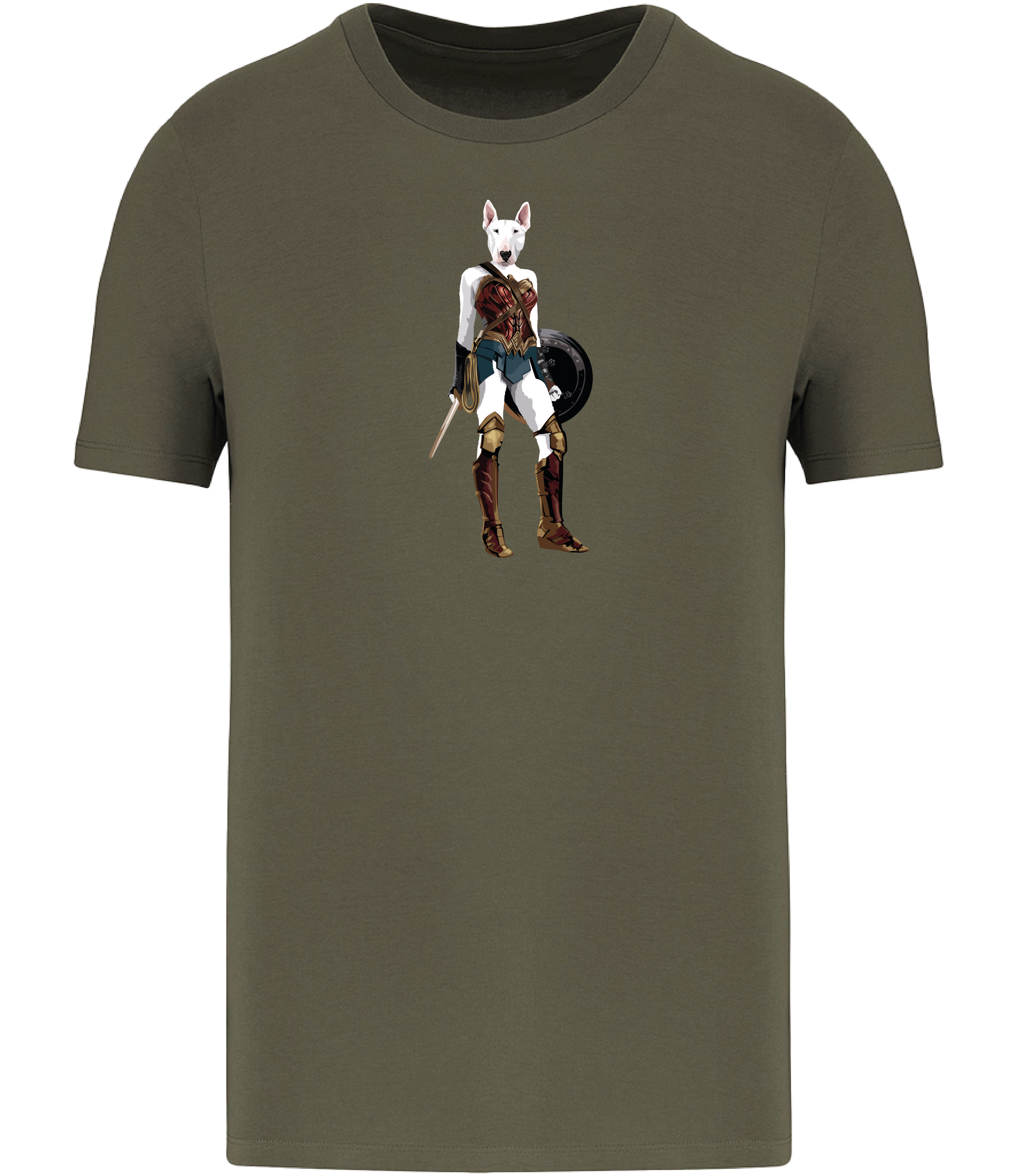 Ronnies Casuals Khaki Green T-shirt printed with an English Bull Terrier Dog dressed up as Wonder Woman holding a shield and sword