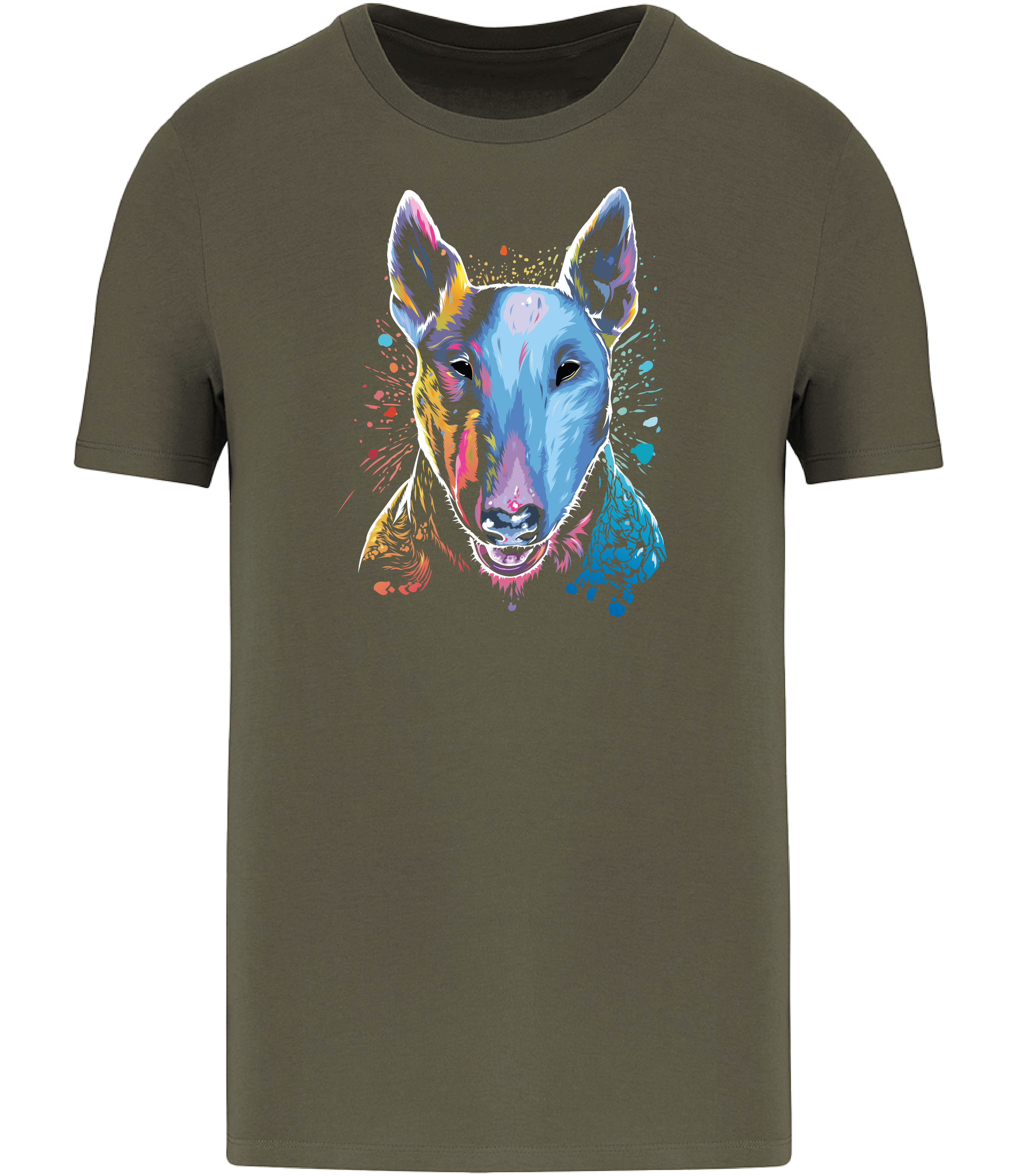 Khaki Green T-shirt printed with an English Bull Terrier Dog face in bright colours and paint splashes 