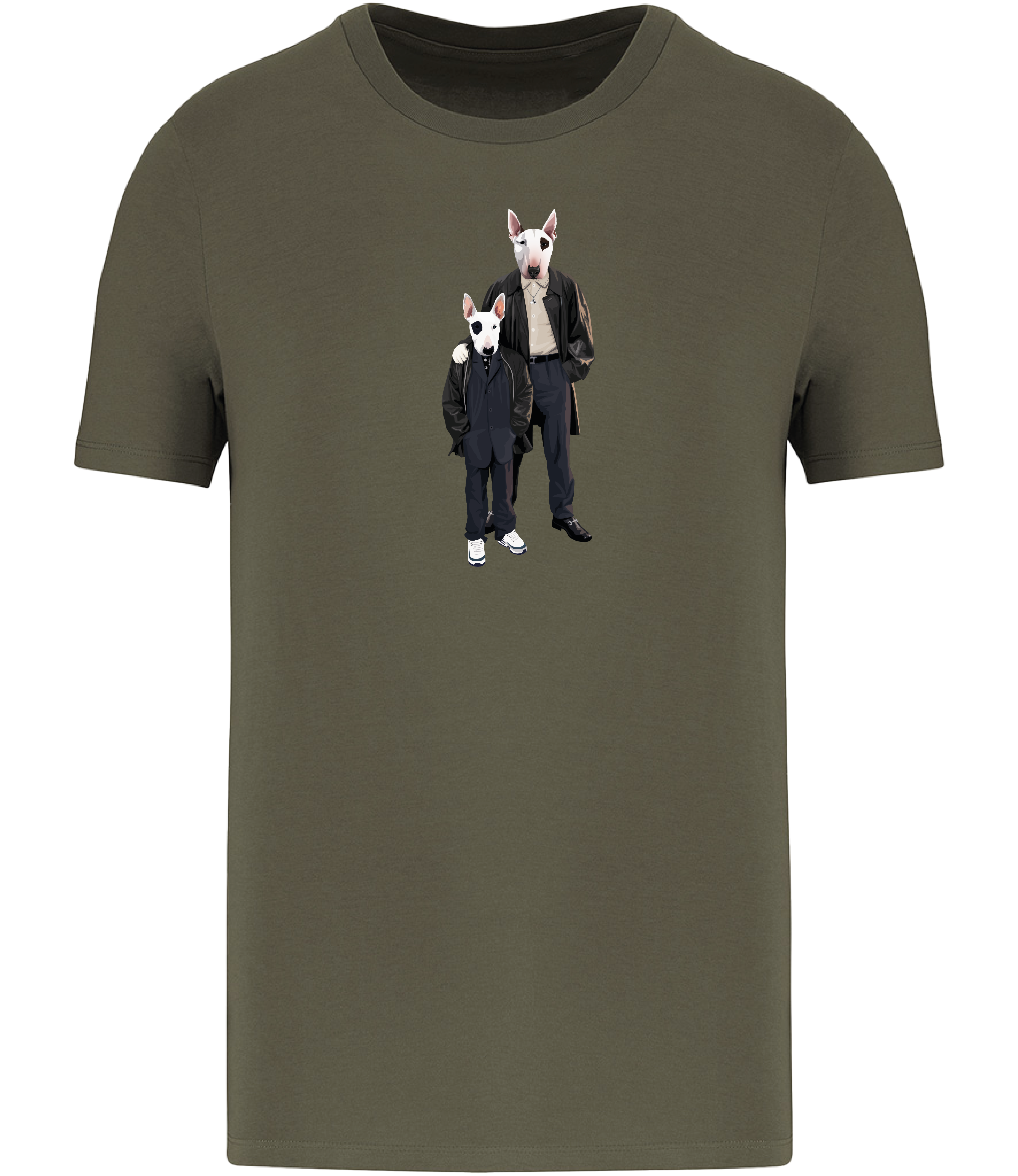 Khaki Green T-shirt printed with an adult and boy English Bull Terrier Dogs wearing suits and leather jackets