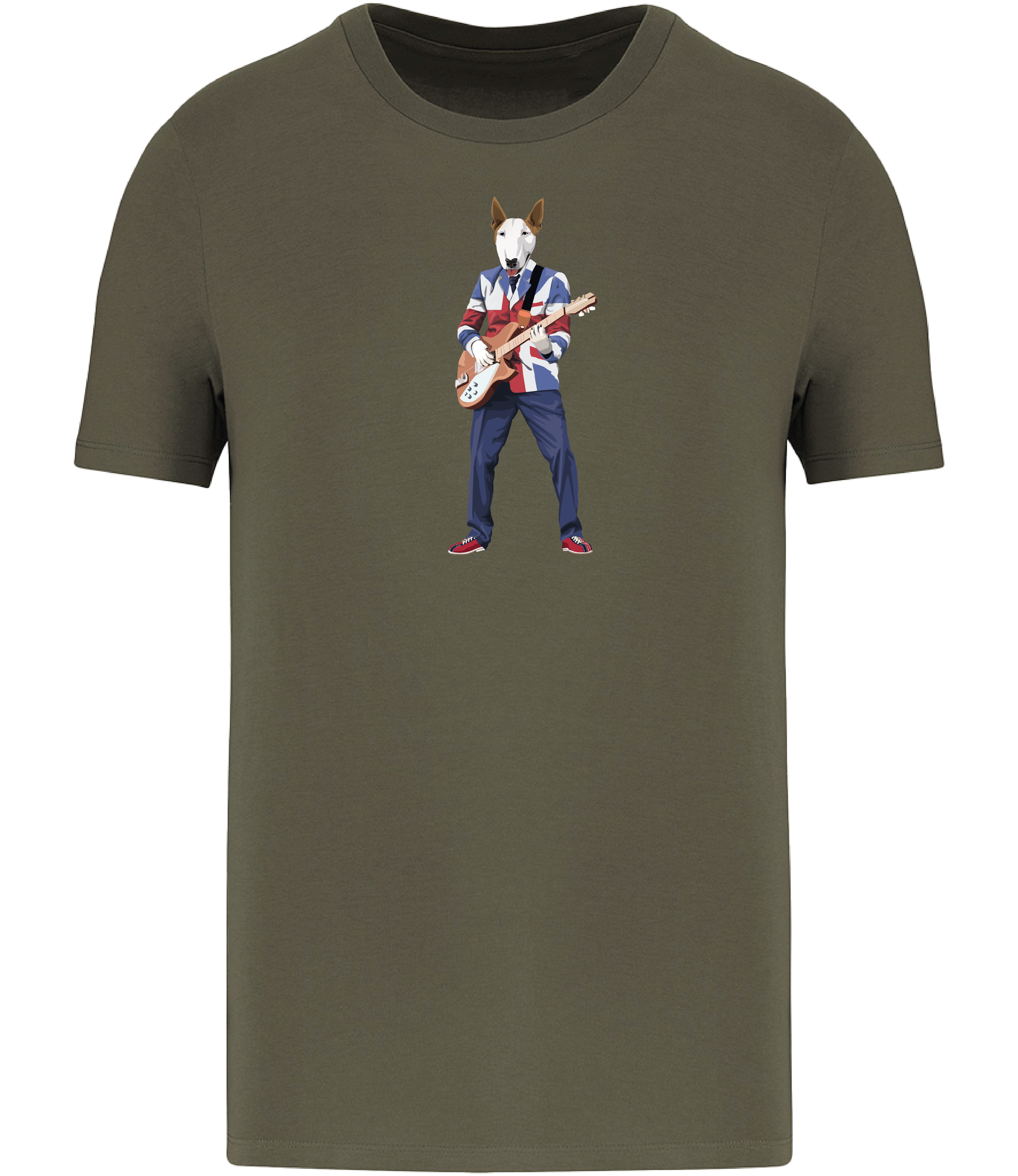 Khaki Green T-shirt printed with an English Bull Terrier Dog wearing a Union Jack jacket playing a guitar
