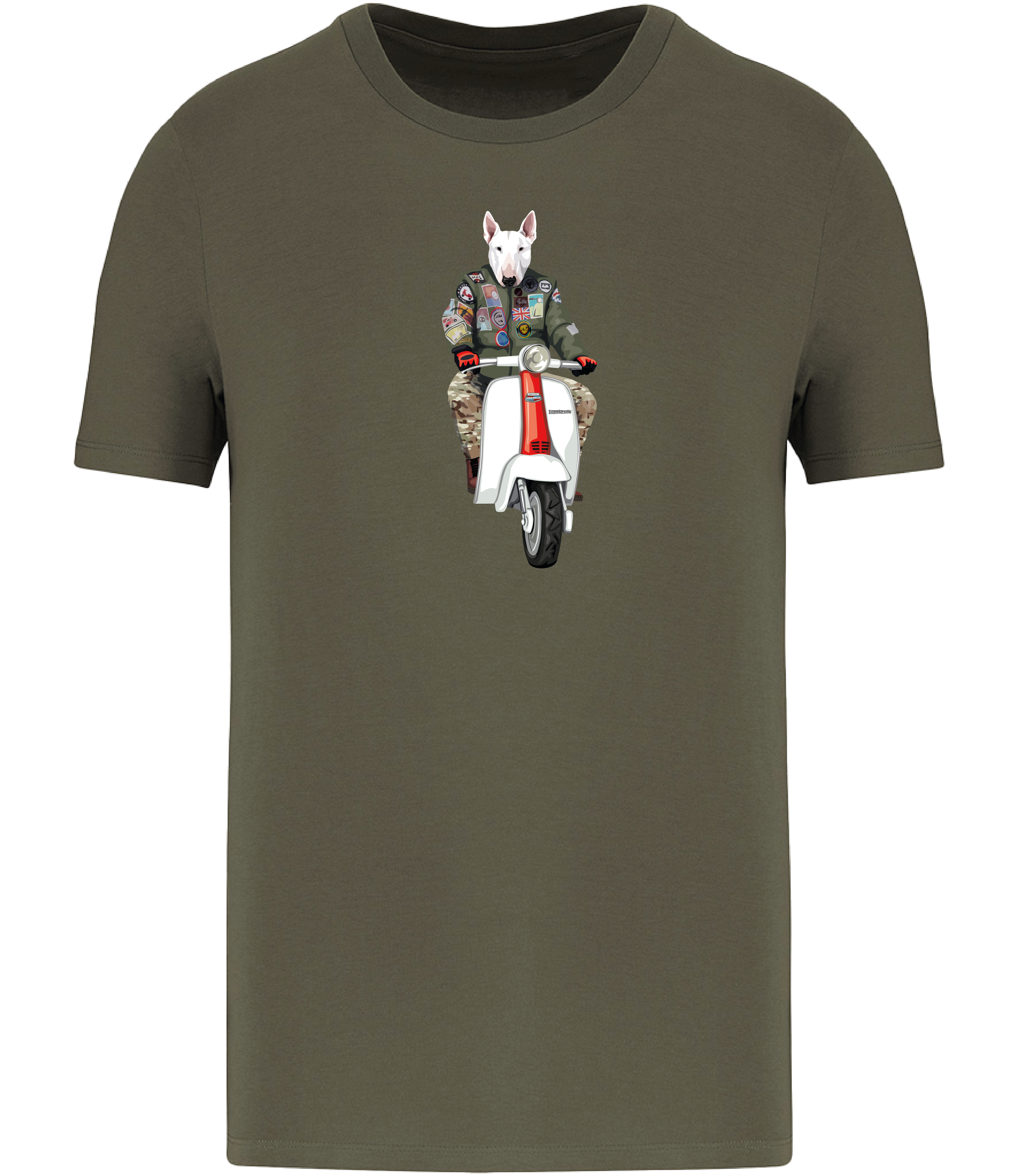 Khaki Green T-shirt printed with an English Bull Terrier Dog wearing a flight jacket riding a Scooter 