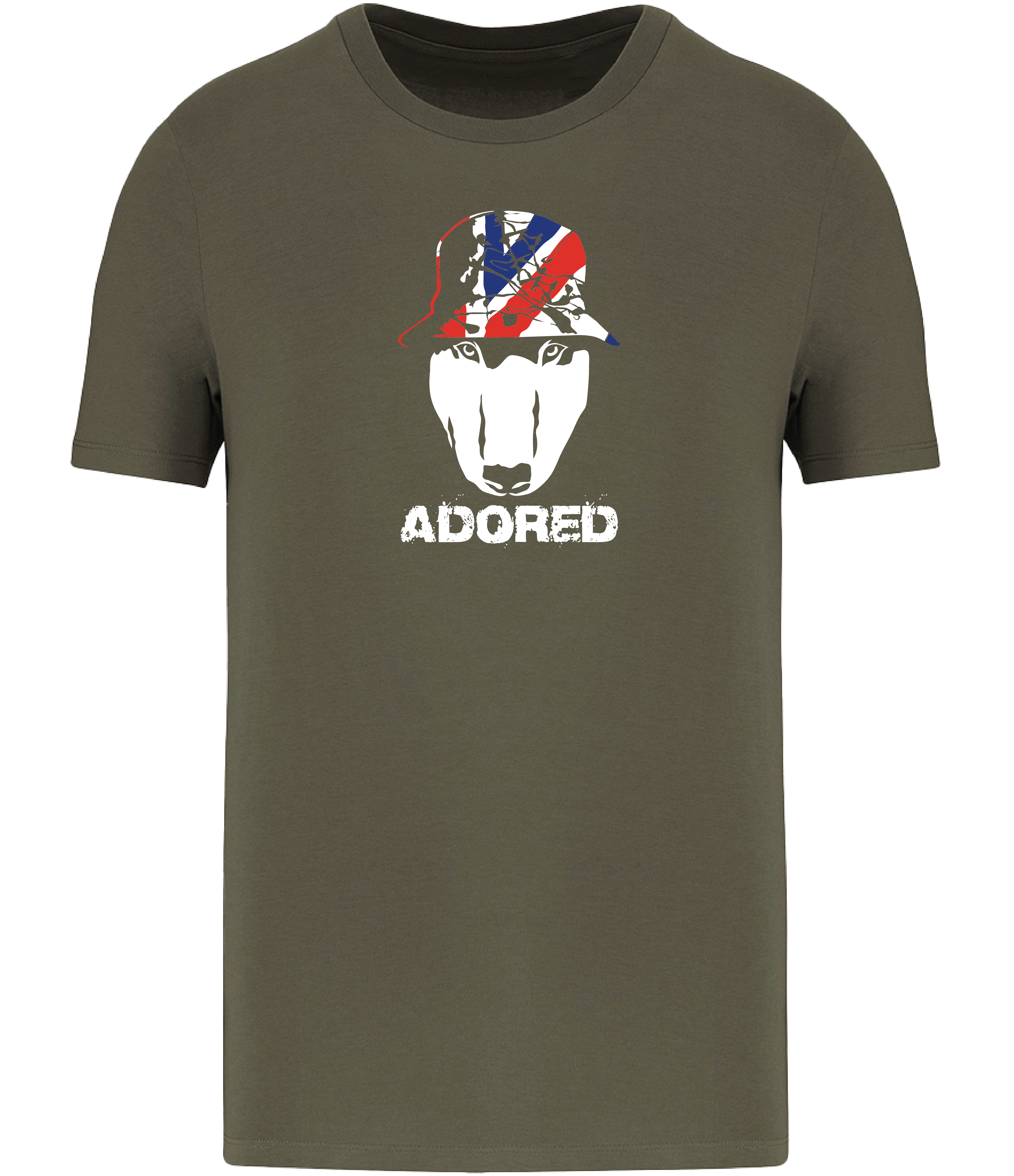 Khaki colour t-shirt with short sleeves and a crew neckline featuring an English Bull Terrier face design wearing a union jack hat and the word Adored underneath