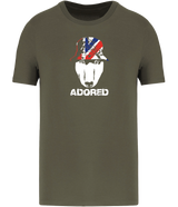 Khaki colour t-shirt with short sleeves and a crew neckline featuring an English Bull Terrier face design wearing a union jack hat