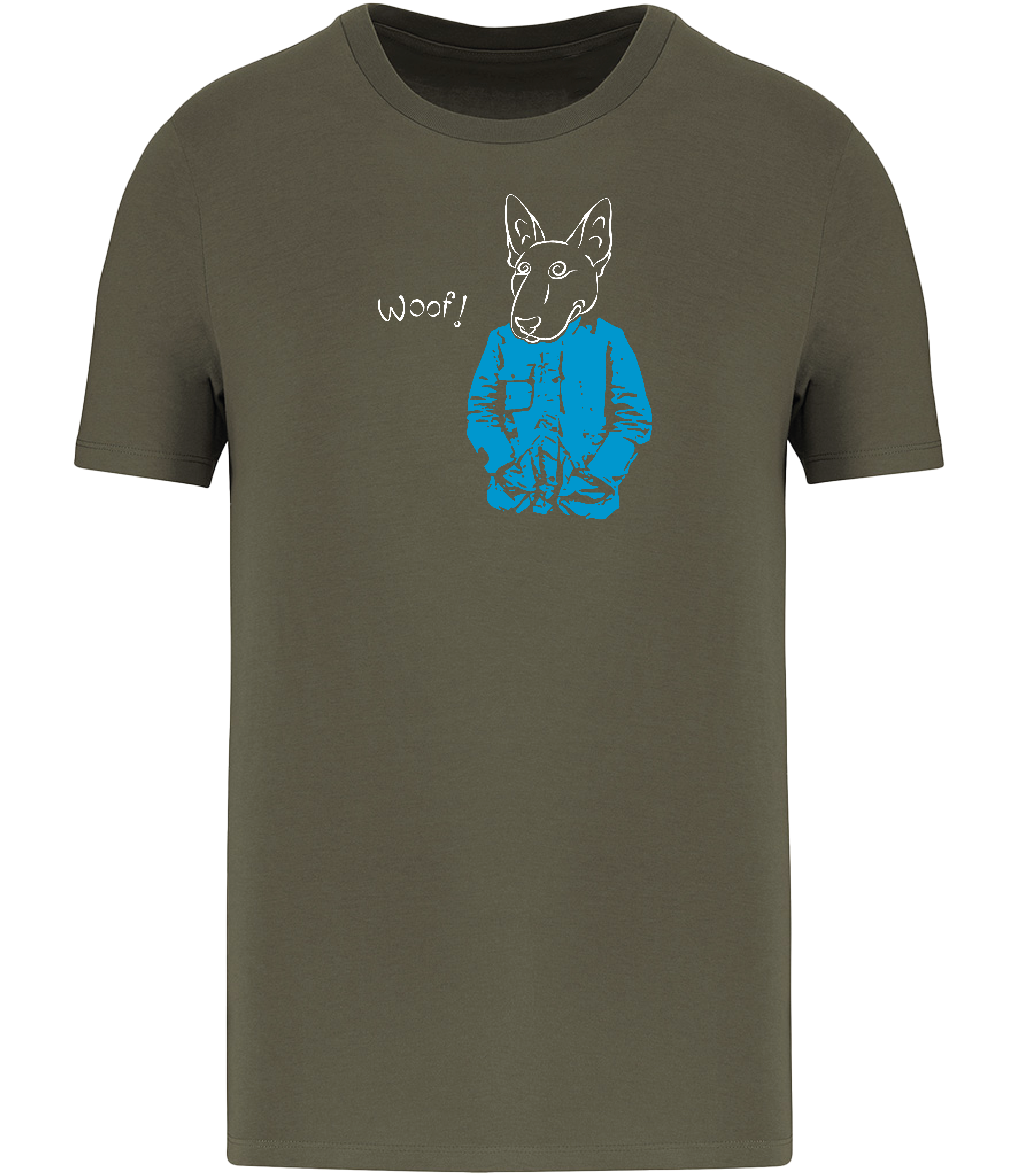 Khaki Green T-shirt printed with a drawing of an English Bull Terrier Dog wearing a blue jacket and the word woof 