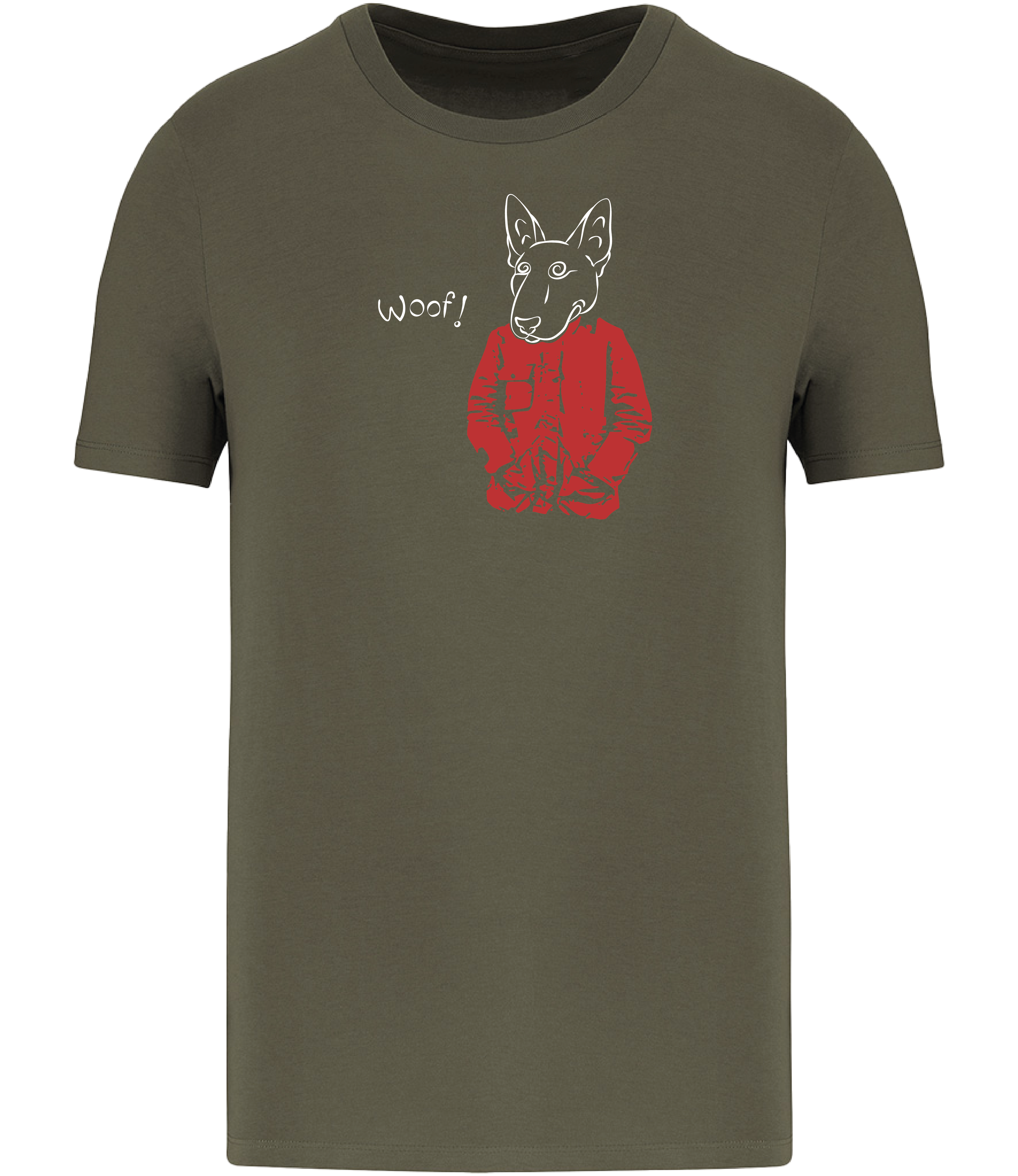 Khaki Green T-shirt printed with a drawing of an English Bull Terrier Dog wearing a Red jacket and the word woof 