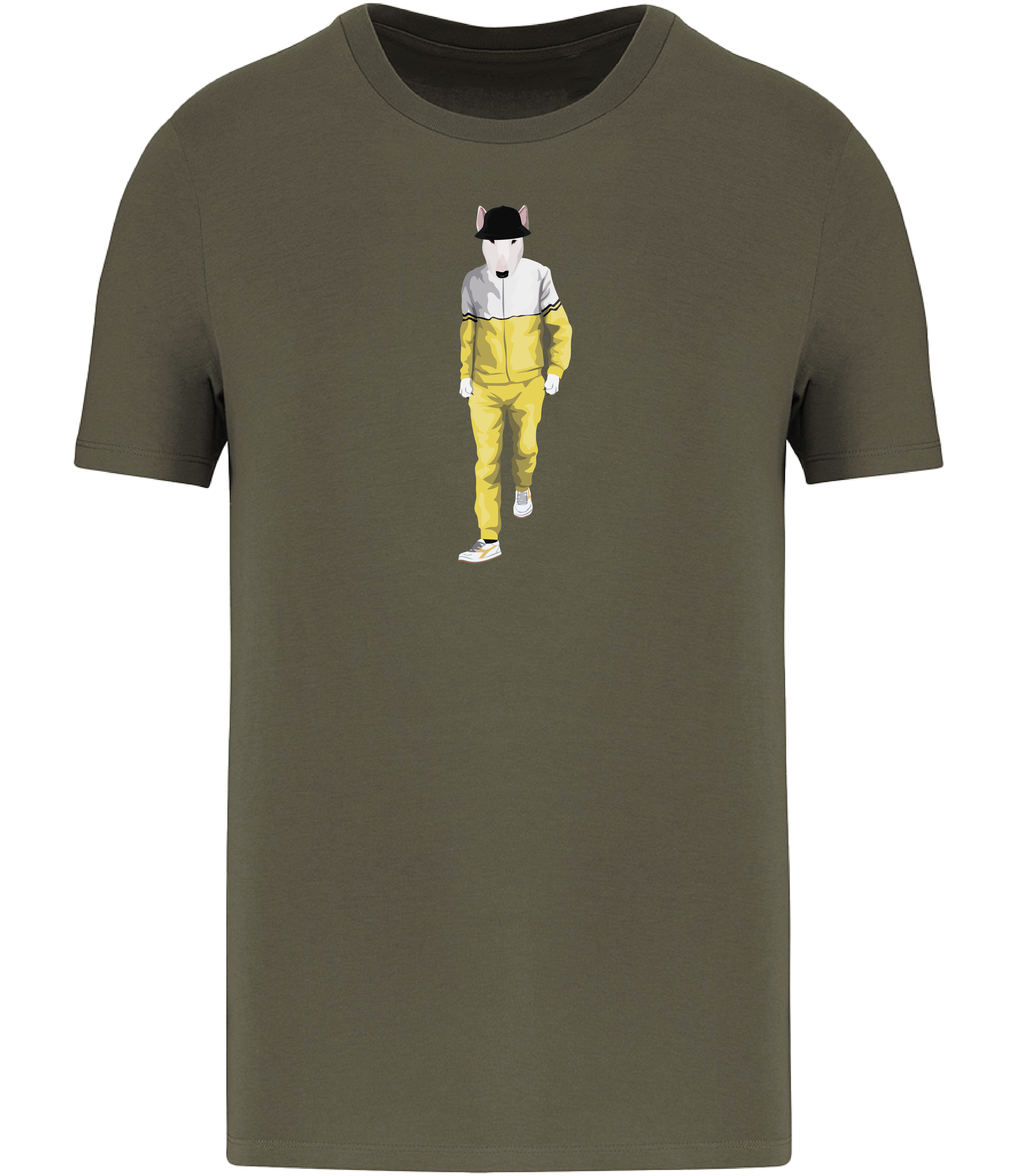 Khaki Green T-shirt printed with an English Bull terrier Dog wearing a yellow and white tracksuit, trainers and a black bucket hat