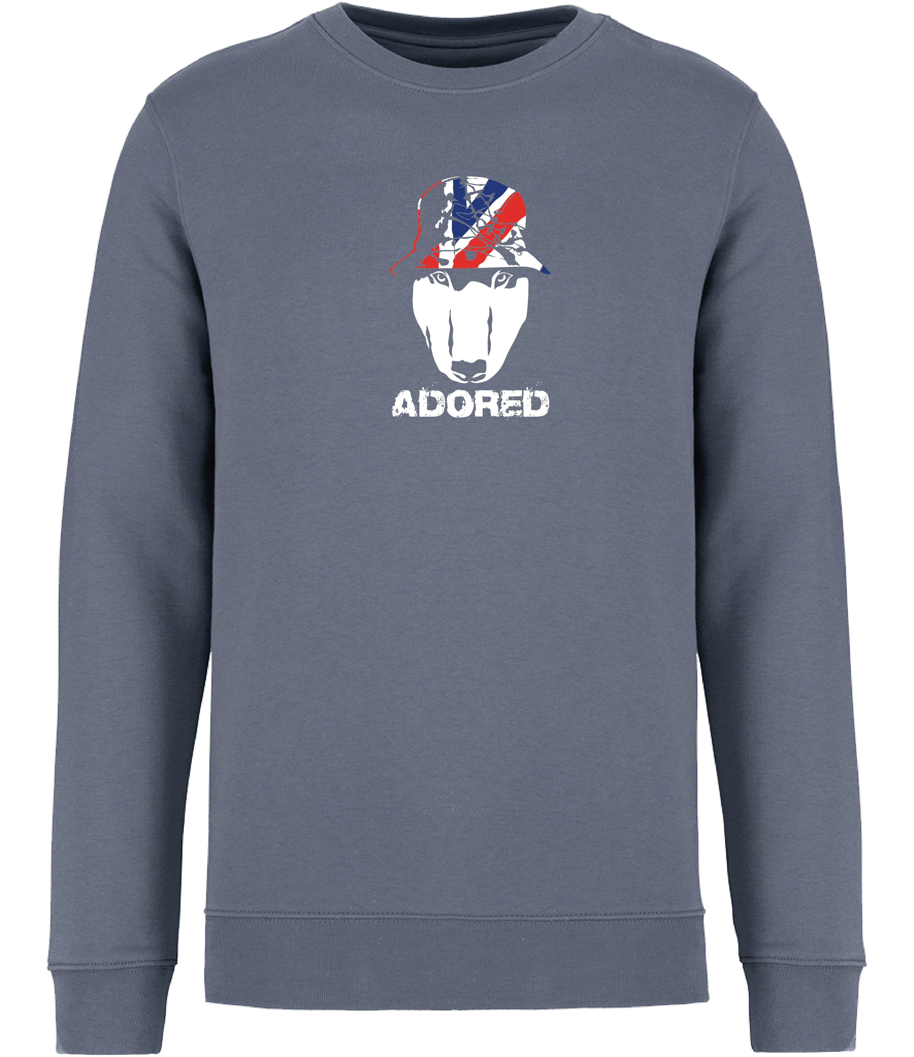 Mineral Grey Sweatshirt printed with English Bull Terrier head wearing a union jack bucket hat and the words adored underneath. Stone Roses inspired sweatshirt from Ronnies Casuals.