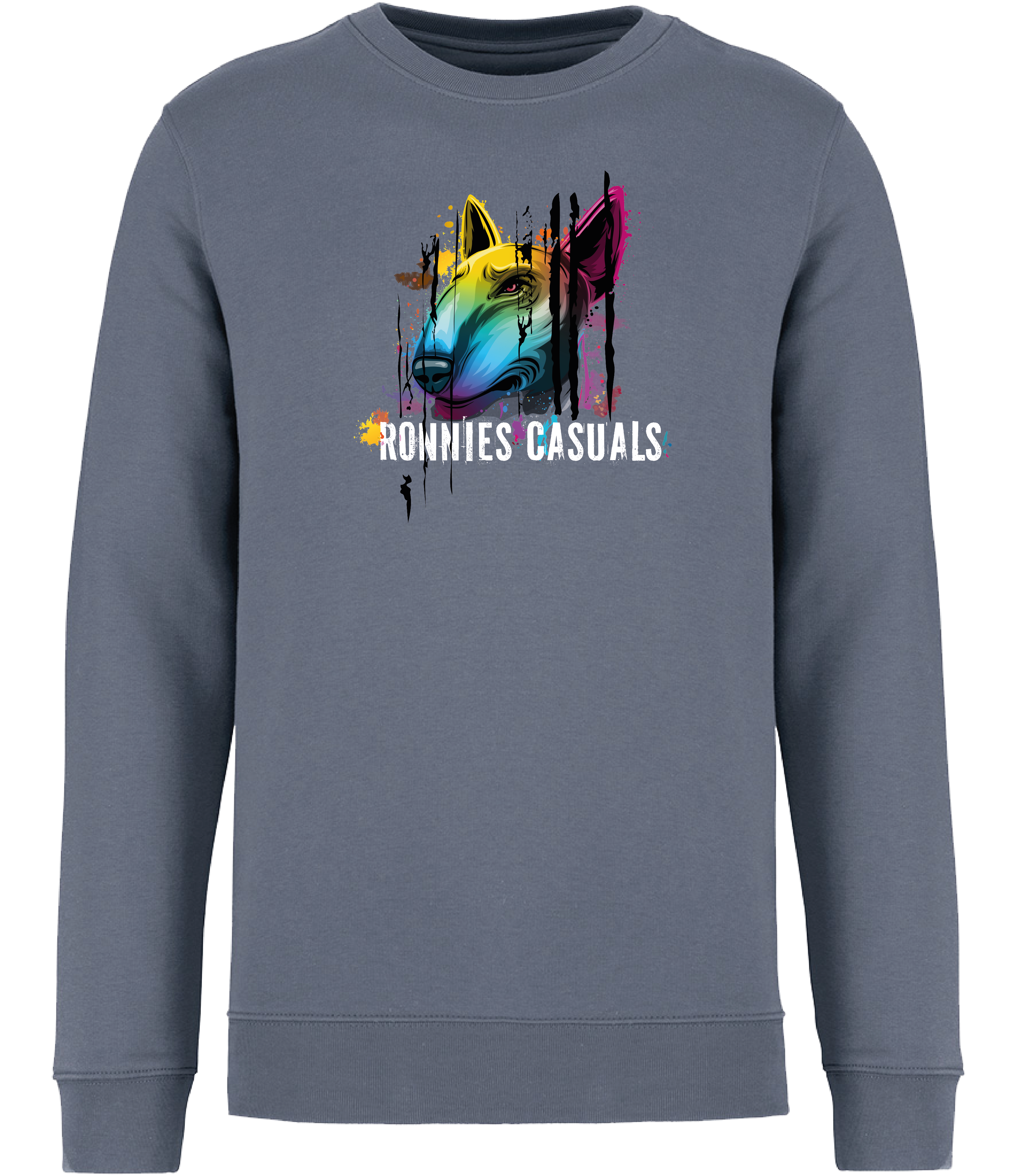 Mineral Grey Sweatshirt  printed with Colourful English Bull Terrier Dog head and words saying Ronnies Casuals underneath