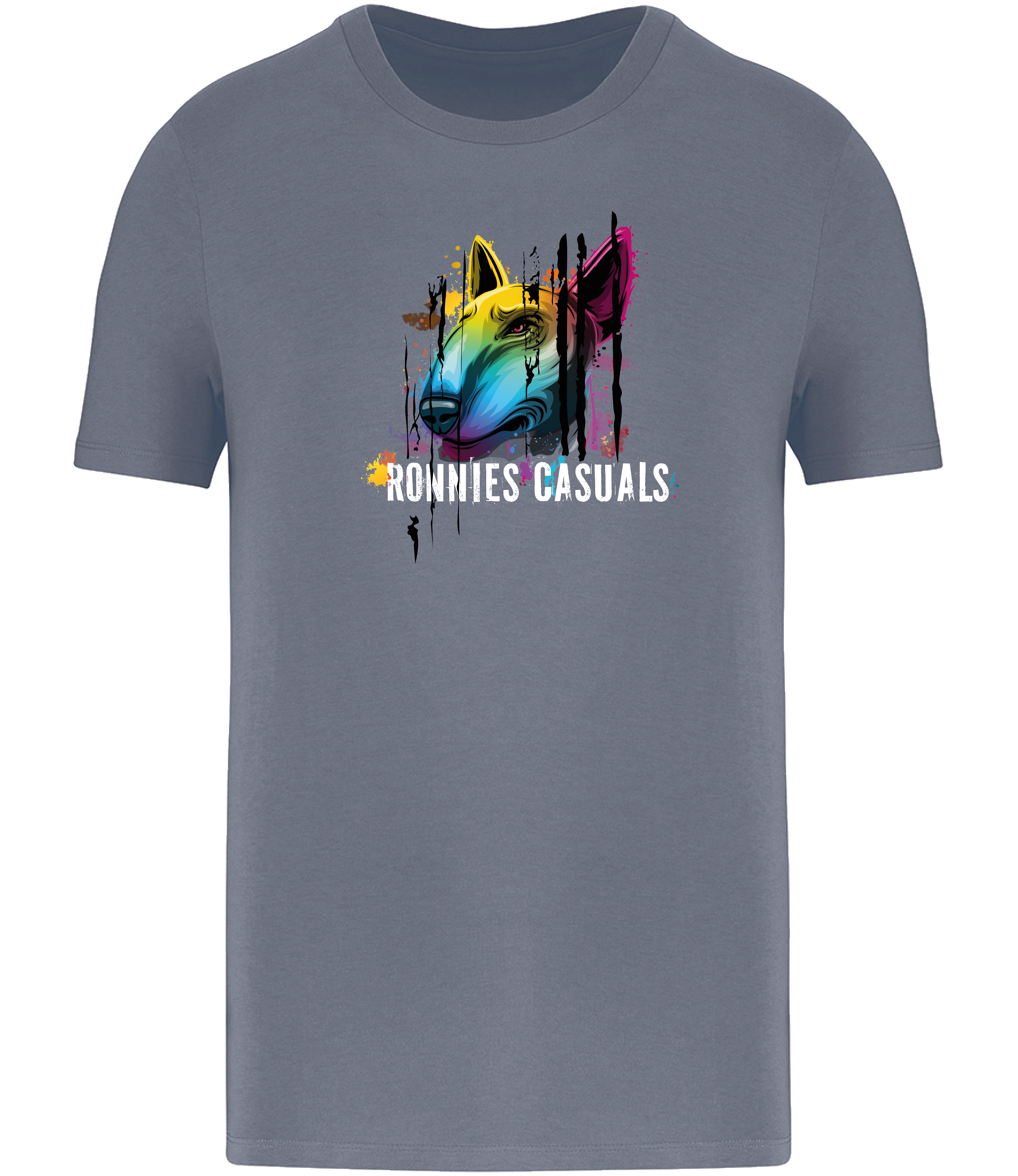 Ronnies Casuals Mineral Grey T-shirt printed with Colourful English Bull Terrier Dog head and words saying Ronnies Casuals underneath. Available in S, M, L, XL, 2XL, 3XL.