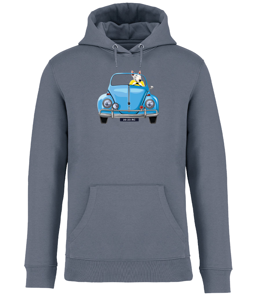 Mineral Grey Hoodie printed with an English Bull Terrier Dog wearing a yellow top driving a Blue Beetle Car